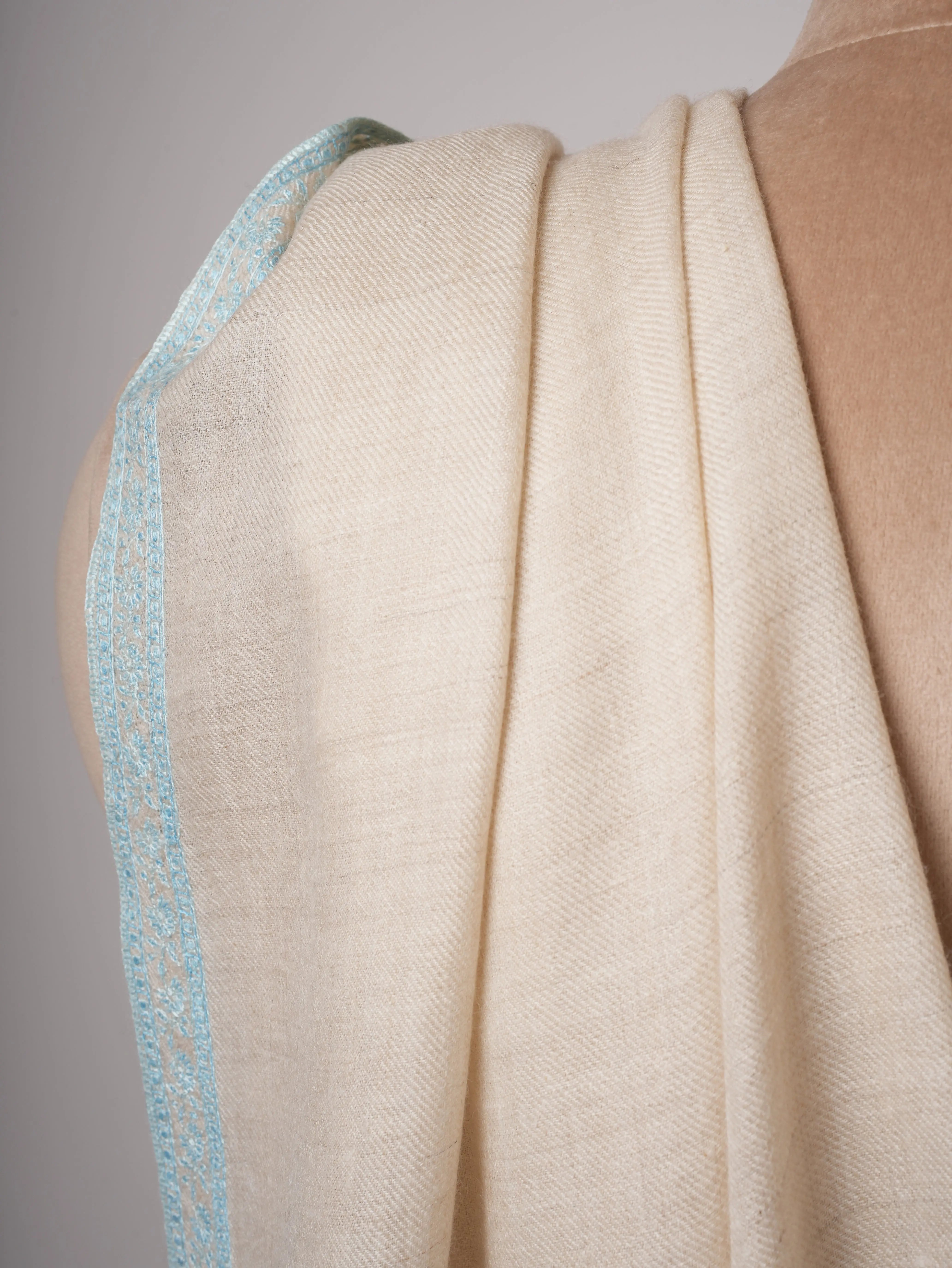 Ivory Cashmere Scarf with Hand Embroidered Hashia Border Shahkaar