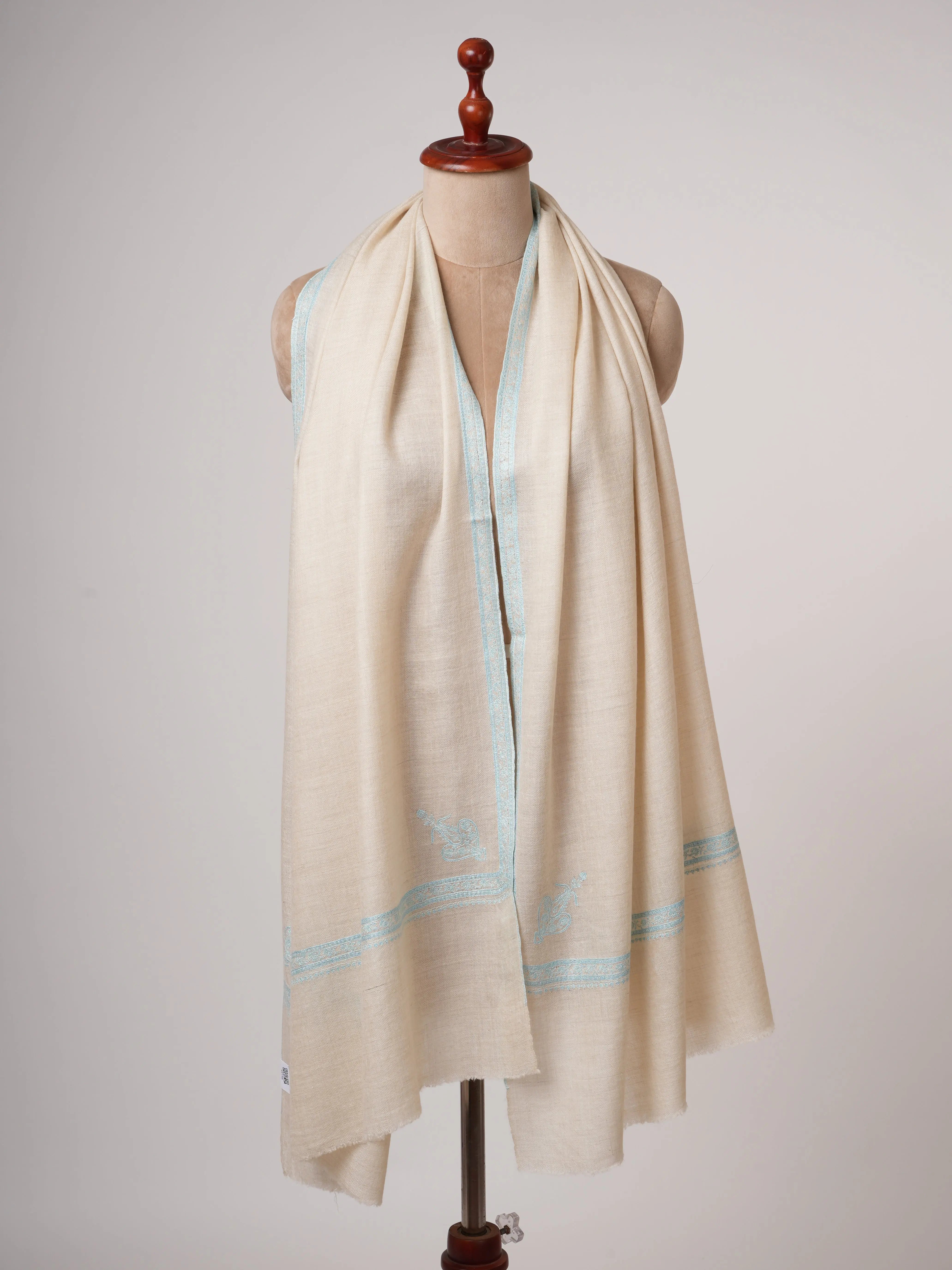 Ivory Cashmere Scarf with Hand Embroidered Hashia Border Shahkaar