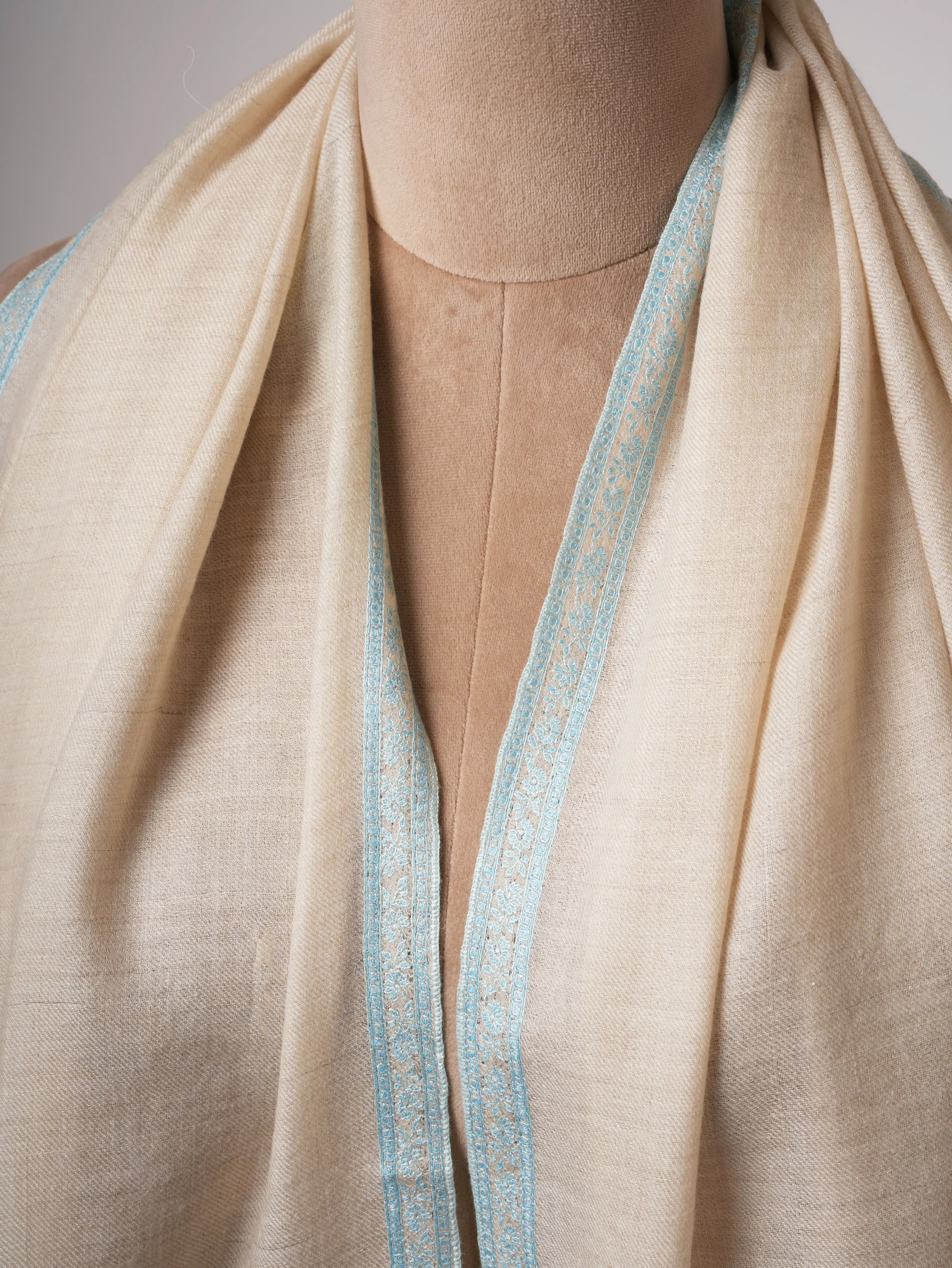 Ivory Cashmere Scarf with Hand Embroidered Hashia Border Shahkaar