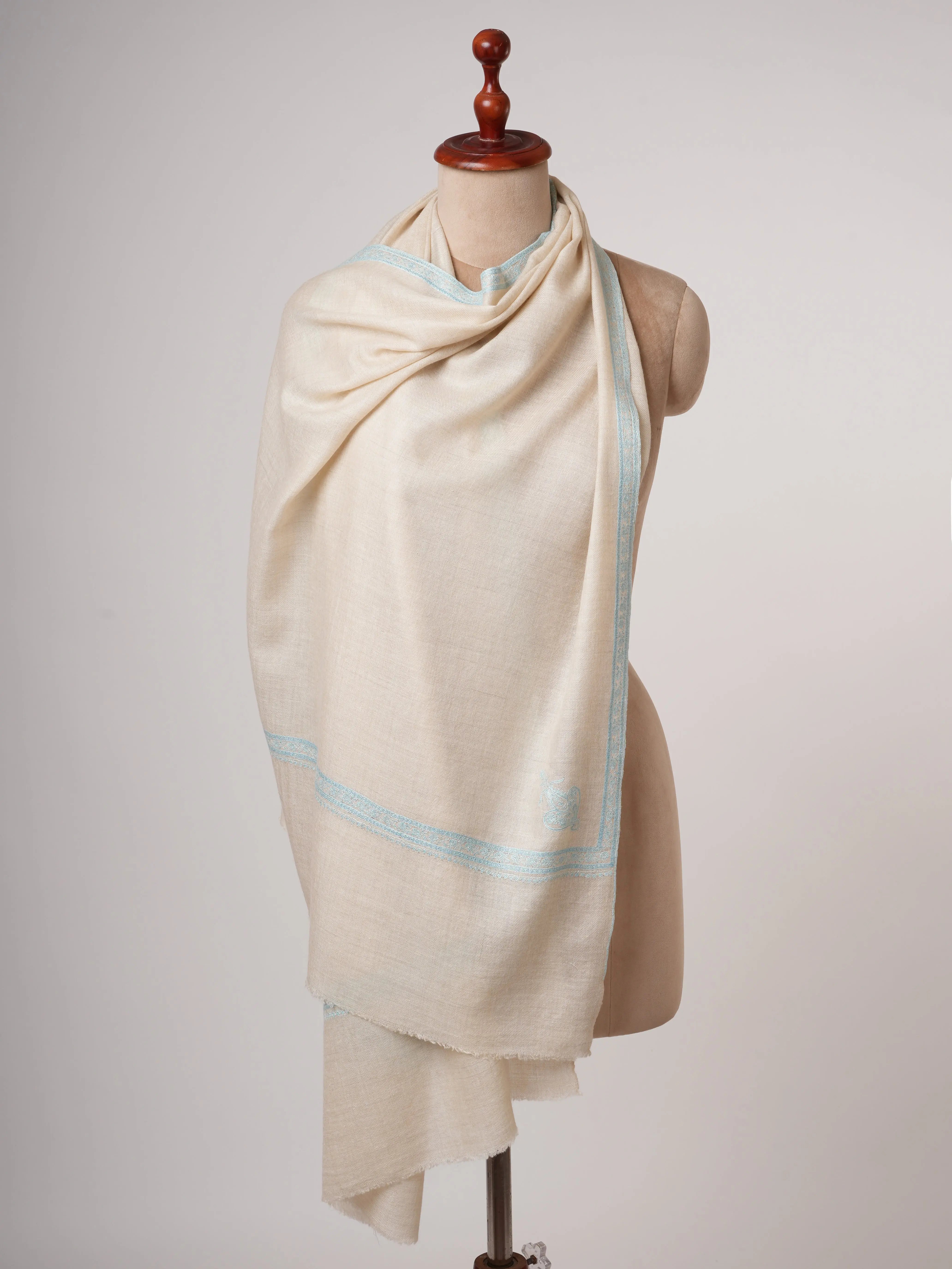 Ivory Cashmere Scarf with Hand Embroidered Hashia Border Shahkaar