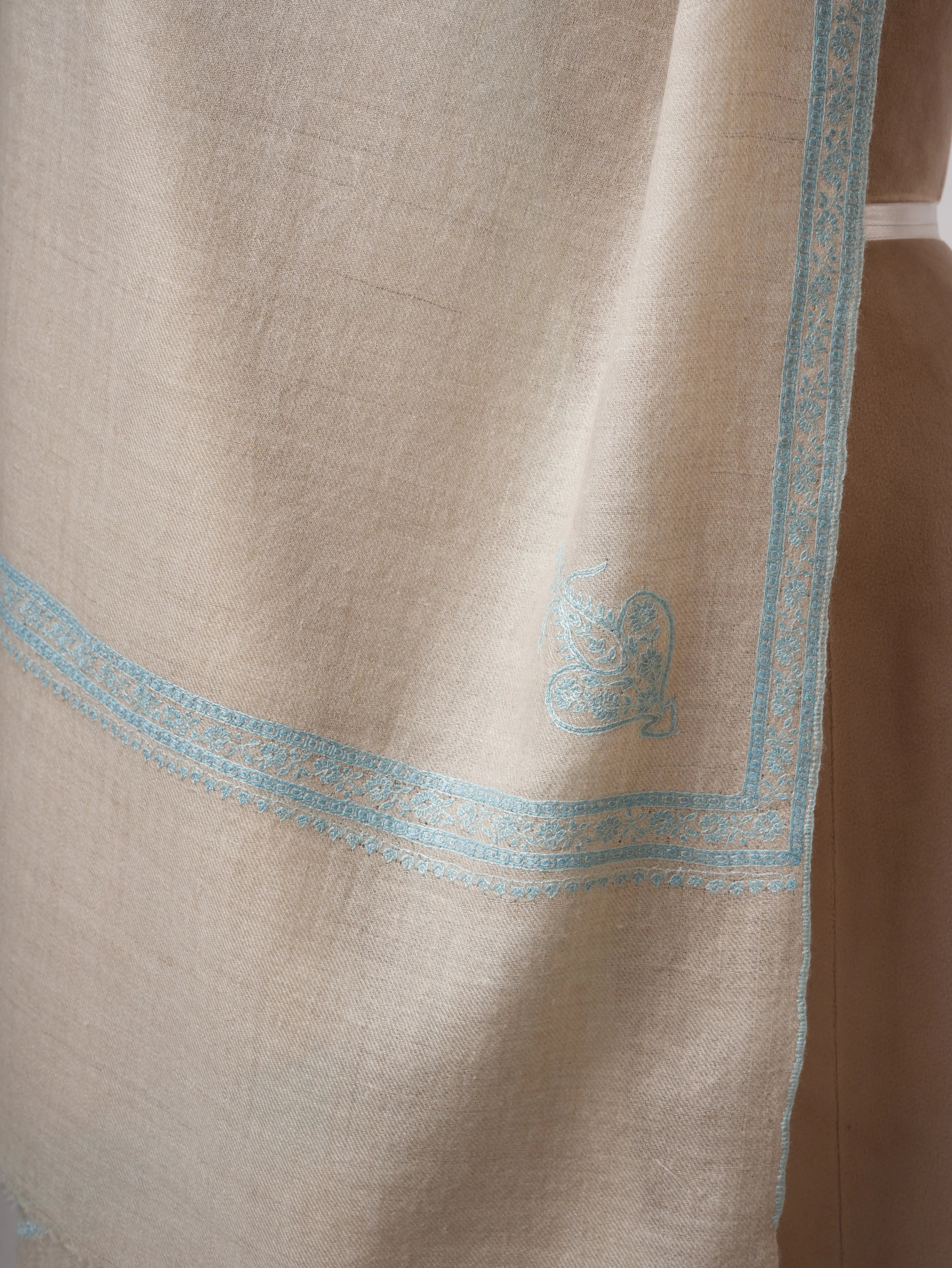 Ivory Cashmere Scarf with Hand Embroidered Hashia Border Shahkaar
