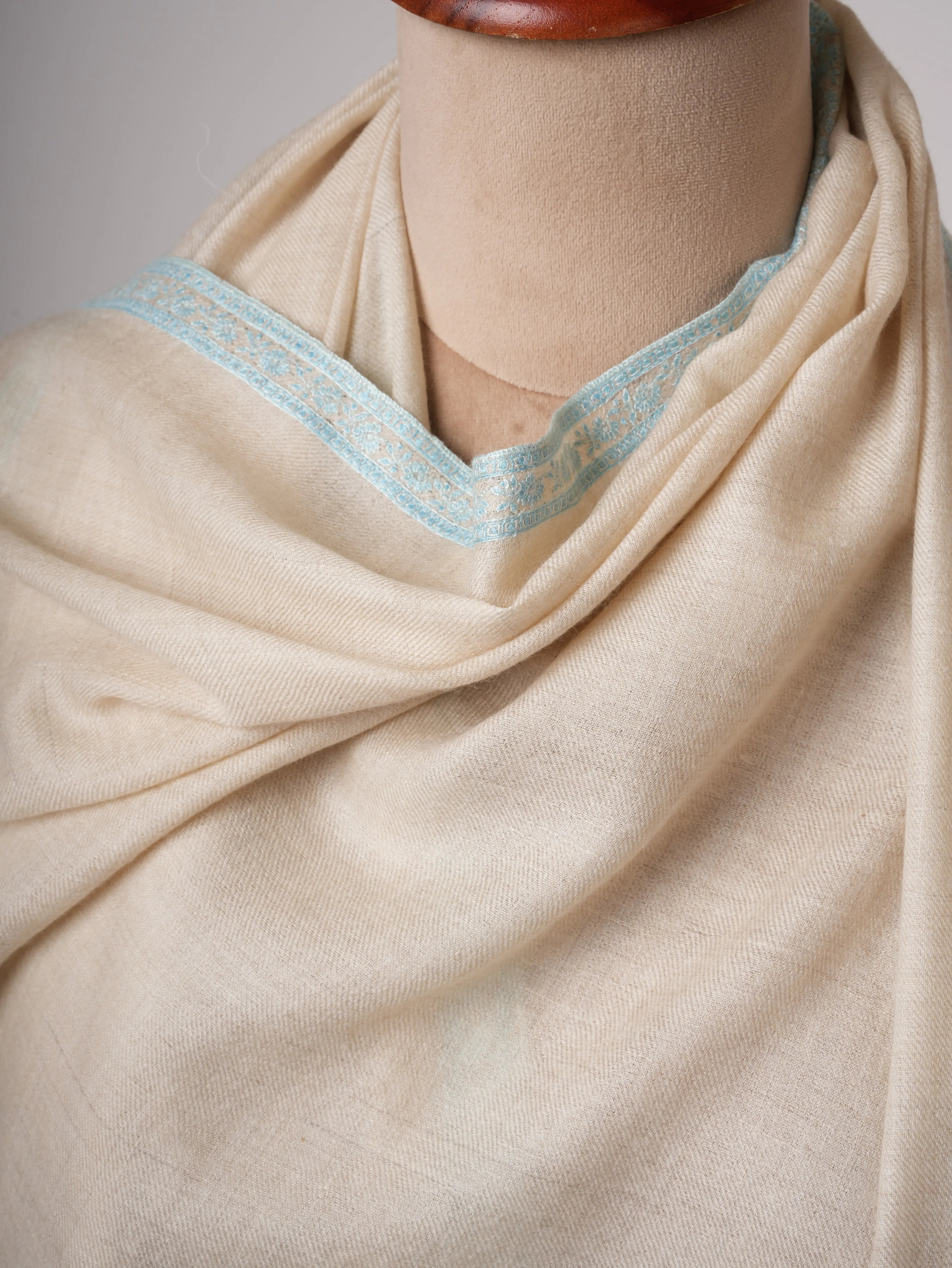 Ivory Cashmere Scarf with Hand Embroidered Hashia Border Shahkaar
