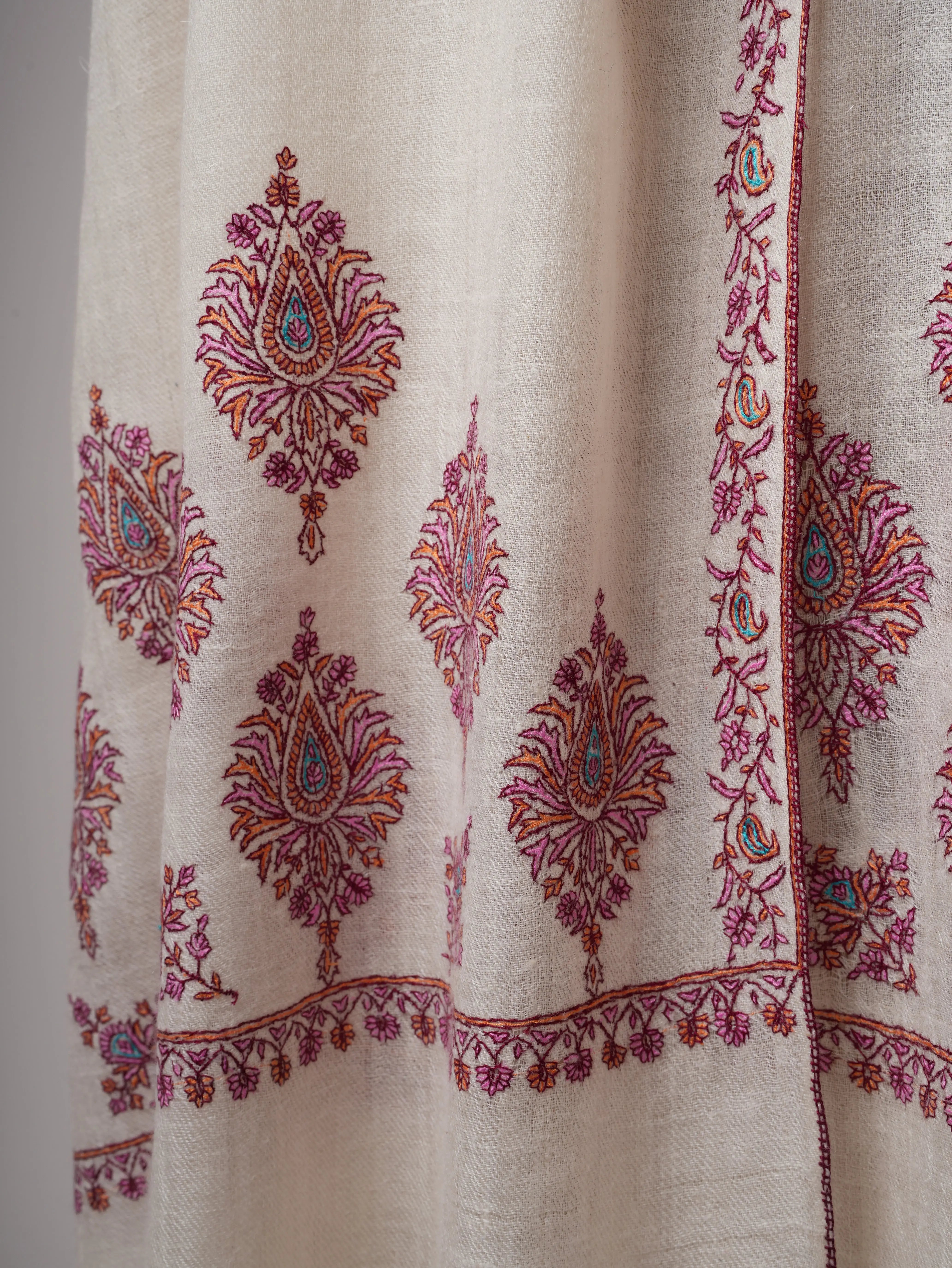 Ivory Cashmere Scarf with Needlework Palla Embroidery – Heritage Wrap Shahkaar