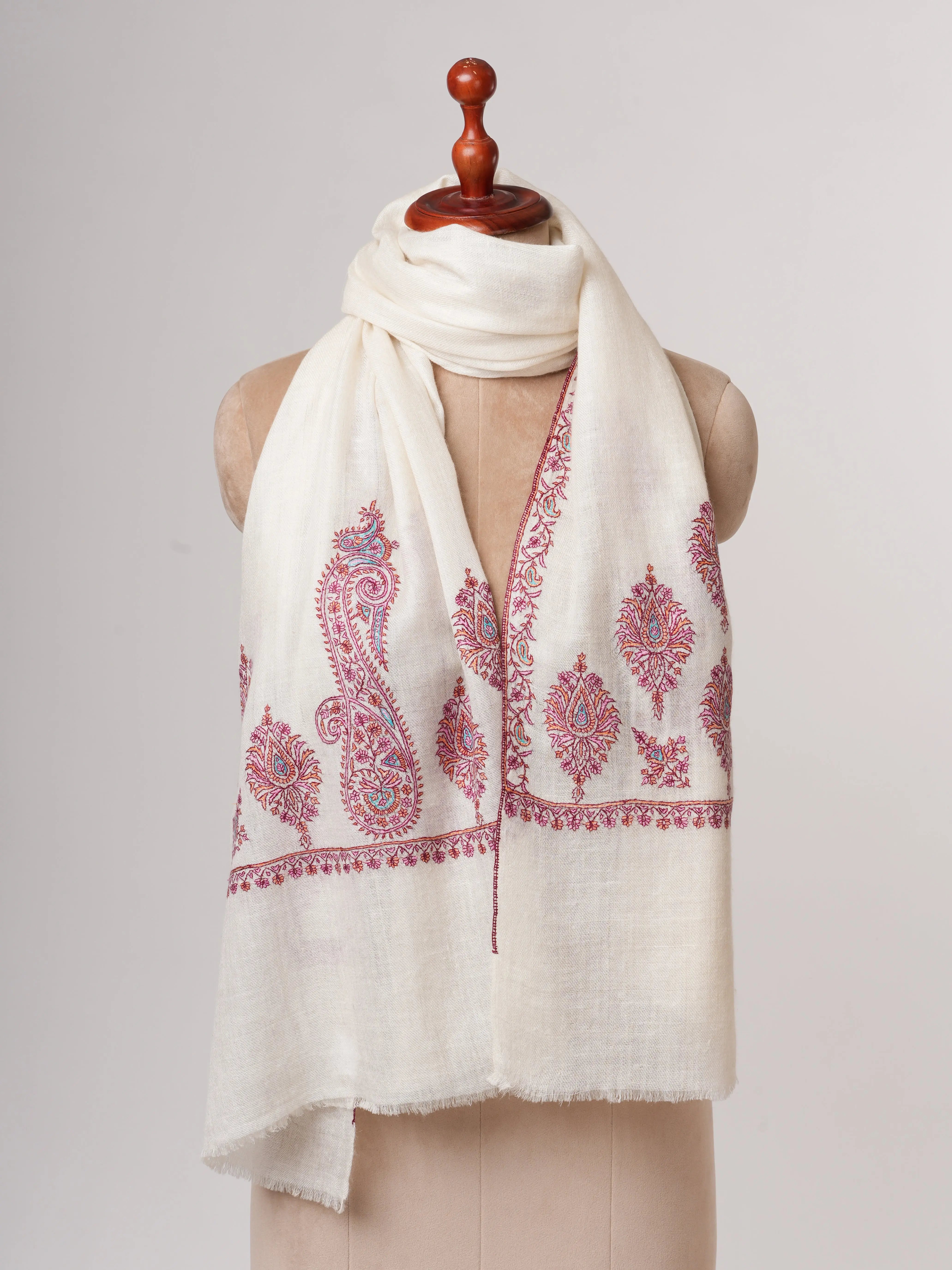 Ivory Cashmere Scarf with Needlework Palla Embroidery – Heritage Wrap Shahkaar