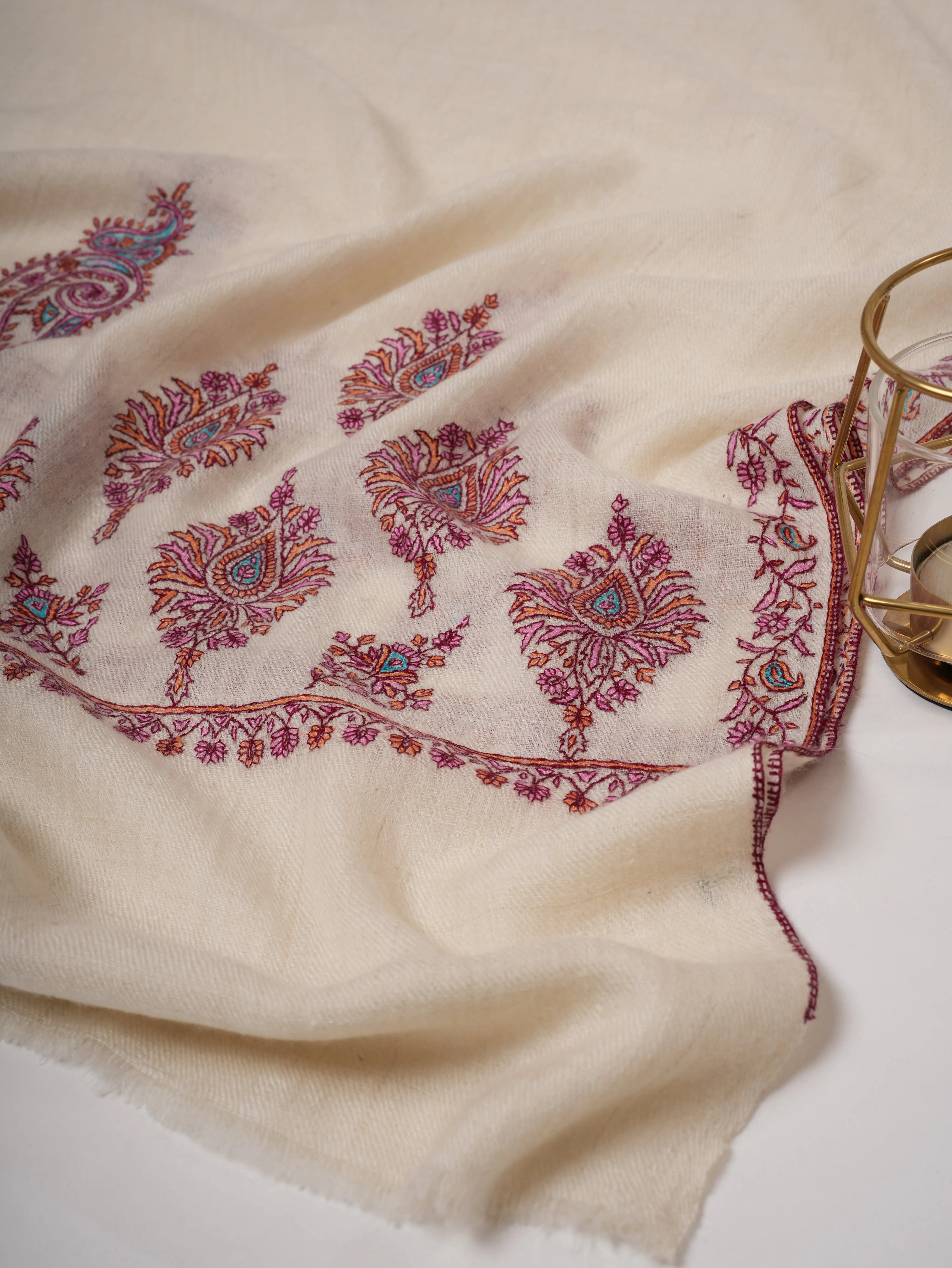 Ivory Cashmere Scarf with Needlework Palla Embroidery – Heritage Wrap Shahkaar