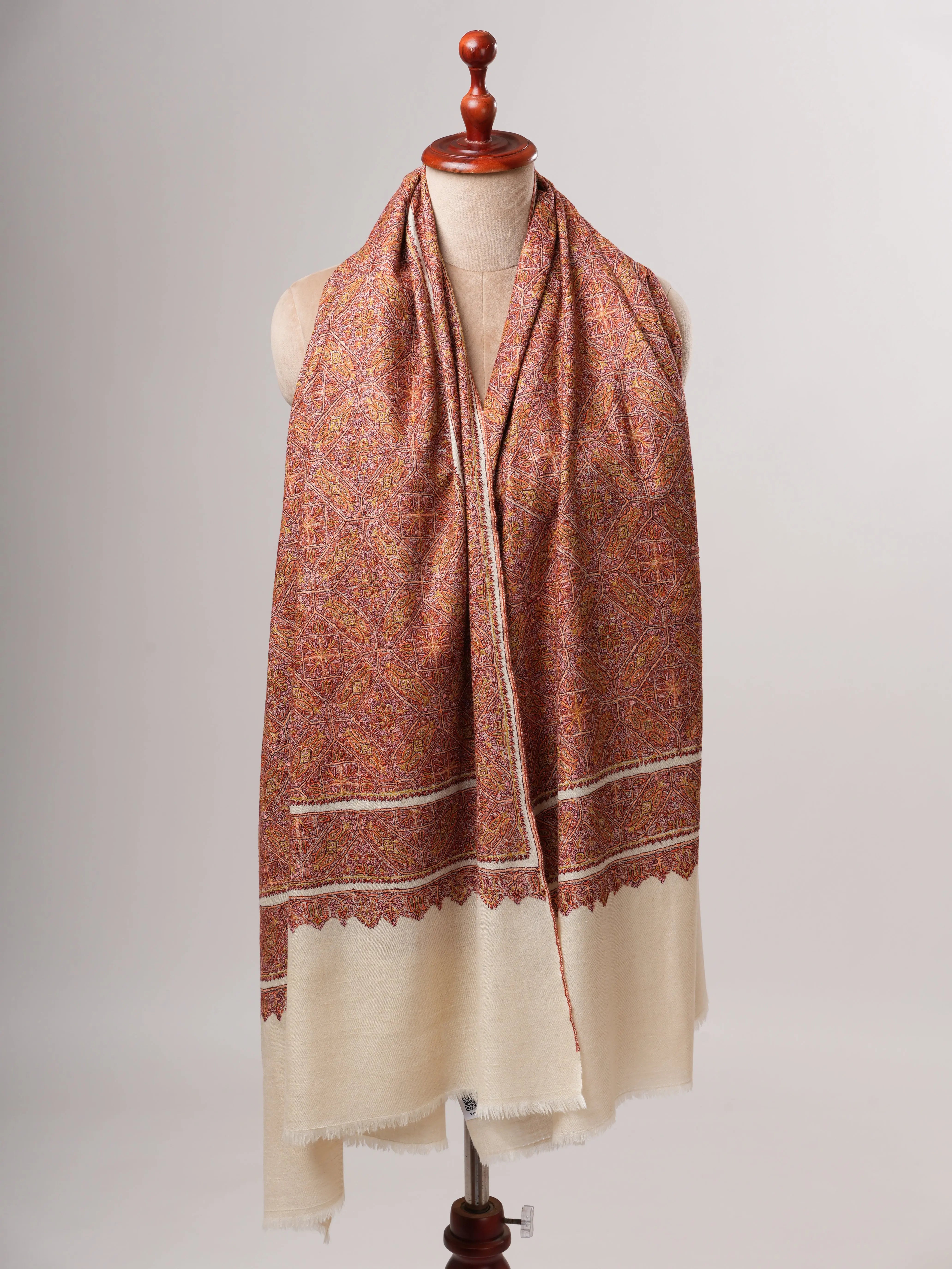 Ivory Classic Jamavar Pashmina Shawl with Intricate Sozni Hand Embroidery Shahkaar