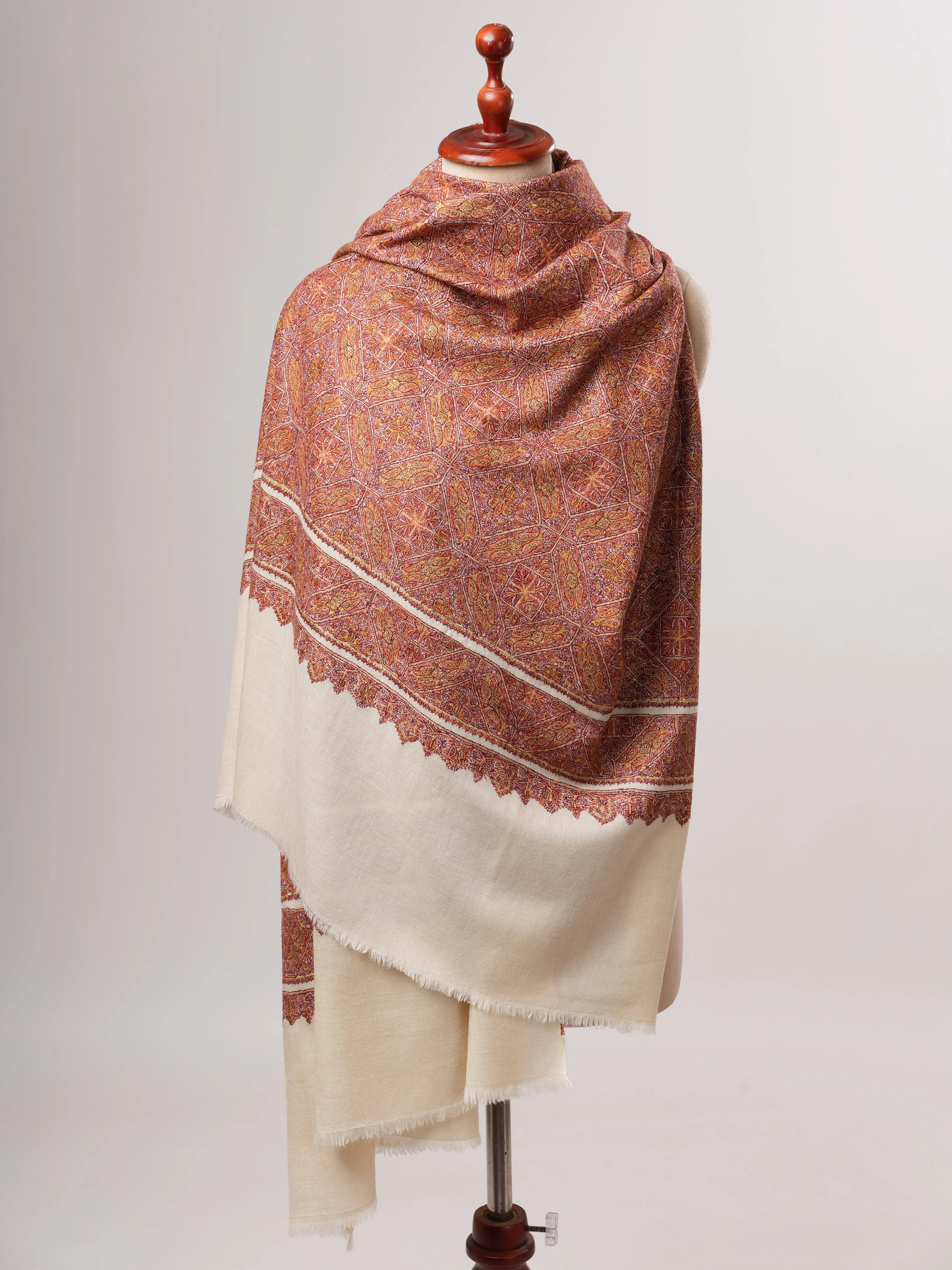 Ivory Classic Jamavar Pashmina Shawl with Intricate Sozni Hand Embroidery Shahkaar