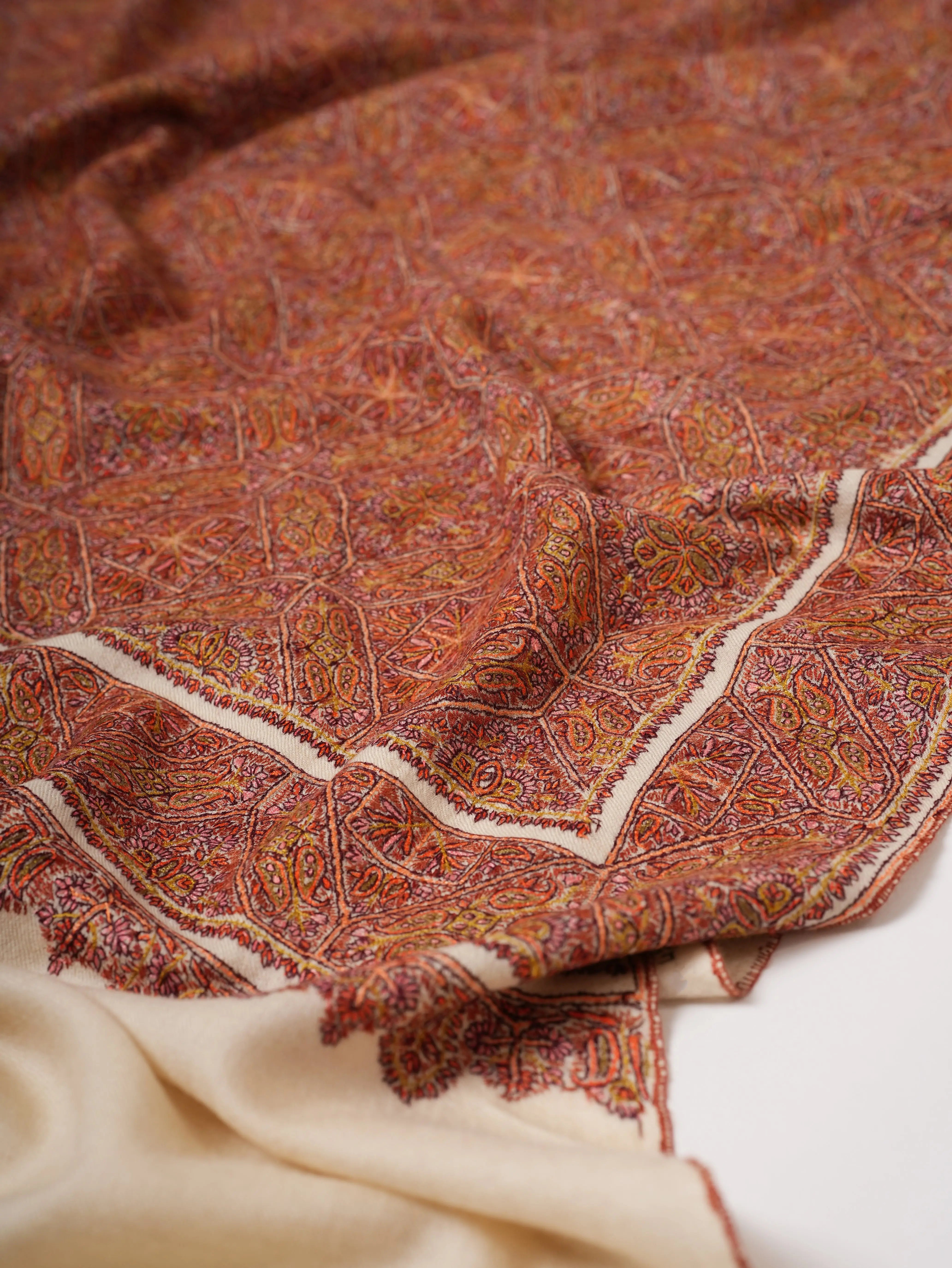Ivory Classic Jamavar Pashmina Shawl with Intricate Sozni Hand Embroidery Shahkaar