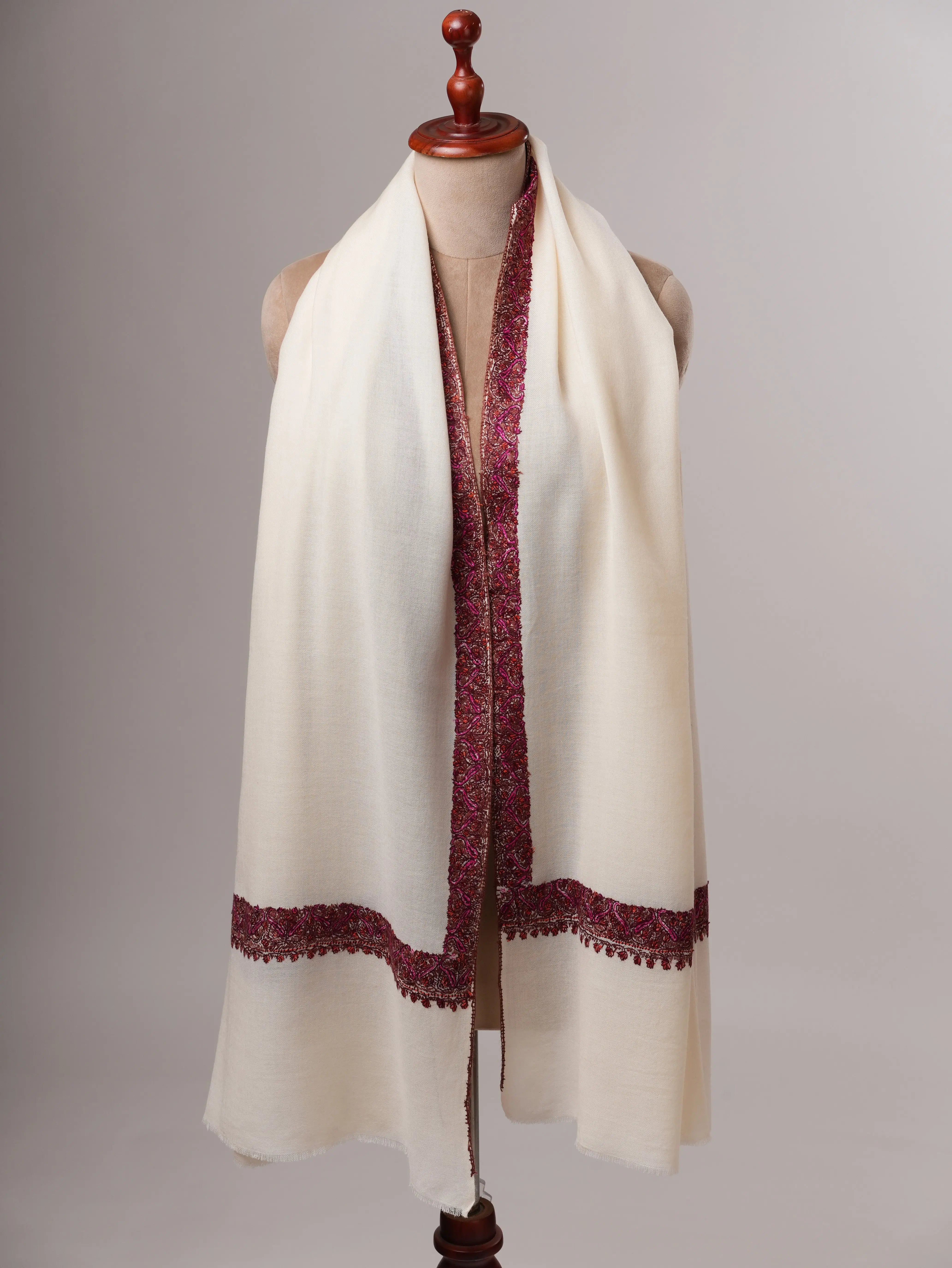 Ivory Fine Wool Indian Shawl with Border Hand Embroidery Shahkaar