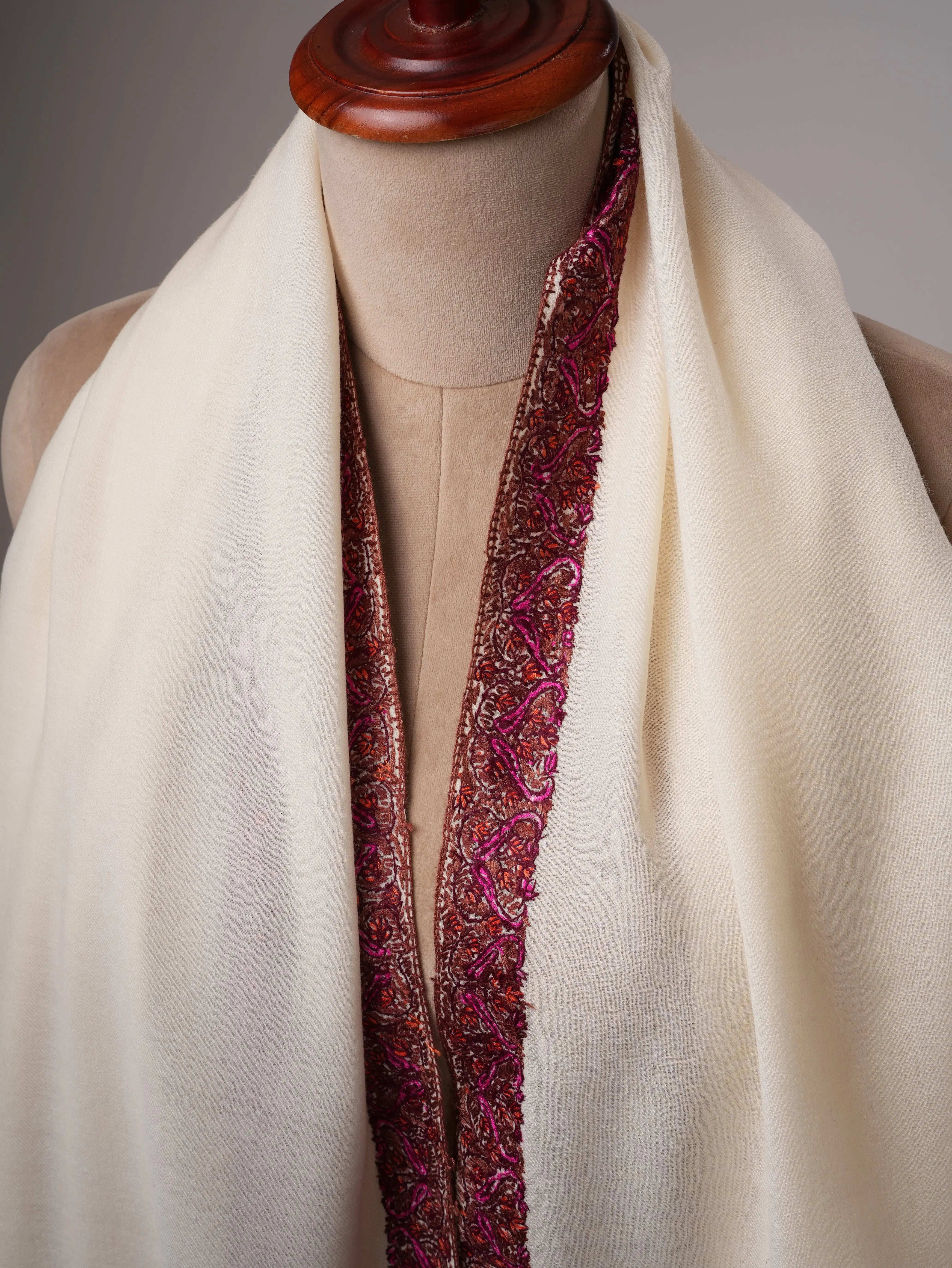 Ivory Fine Wool Indian Shawl with Border Hand Embroidery Shahkaar