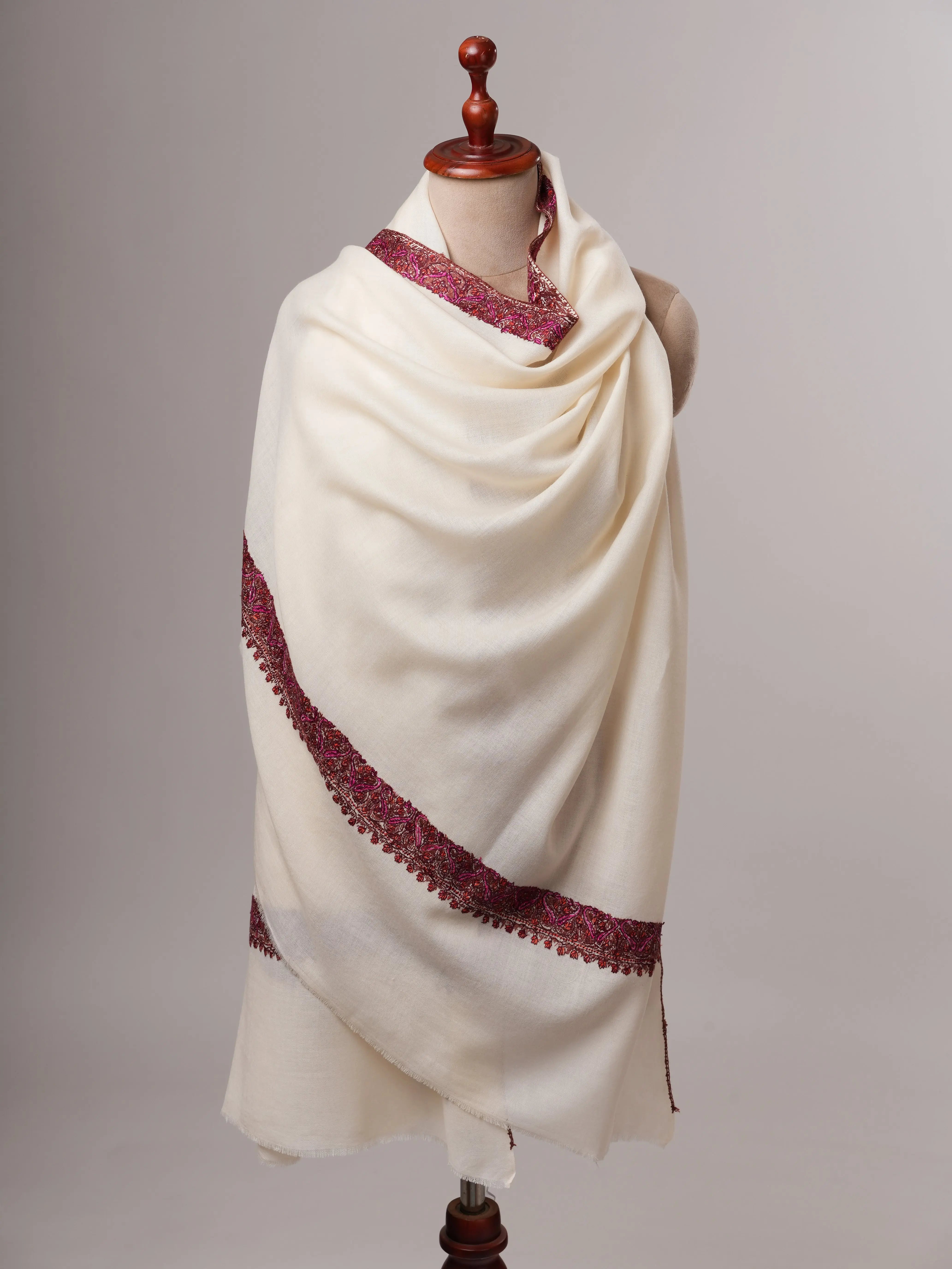 Ivory Fine Wool Indian Shawl with Border Hand Embroidery Shahkaar