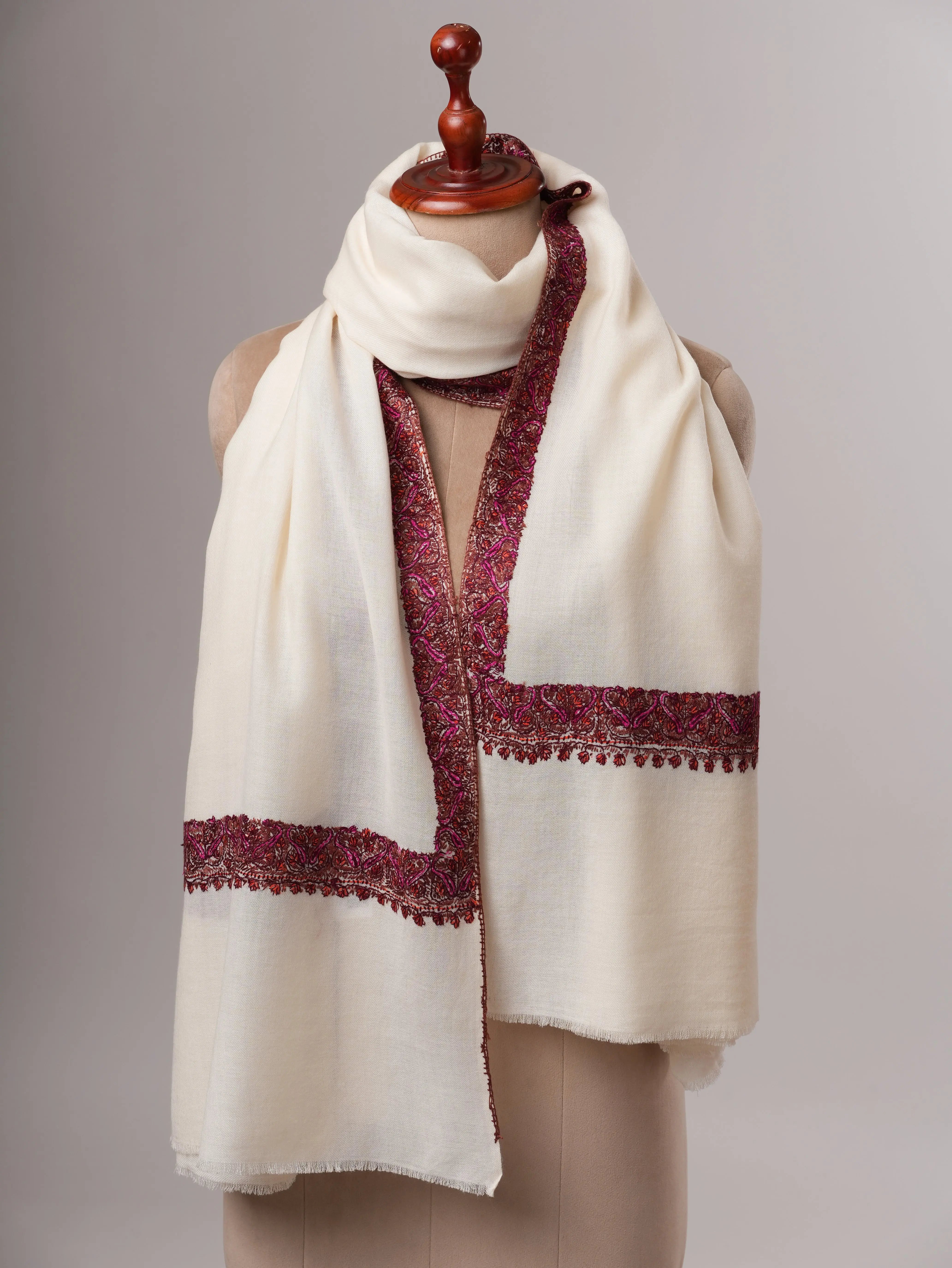Ivory Fine Wool Indian Shawl with Border Hand Embroidery Shahkaar