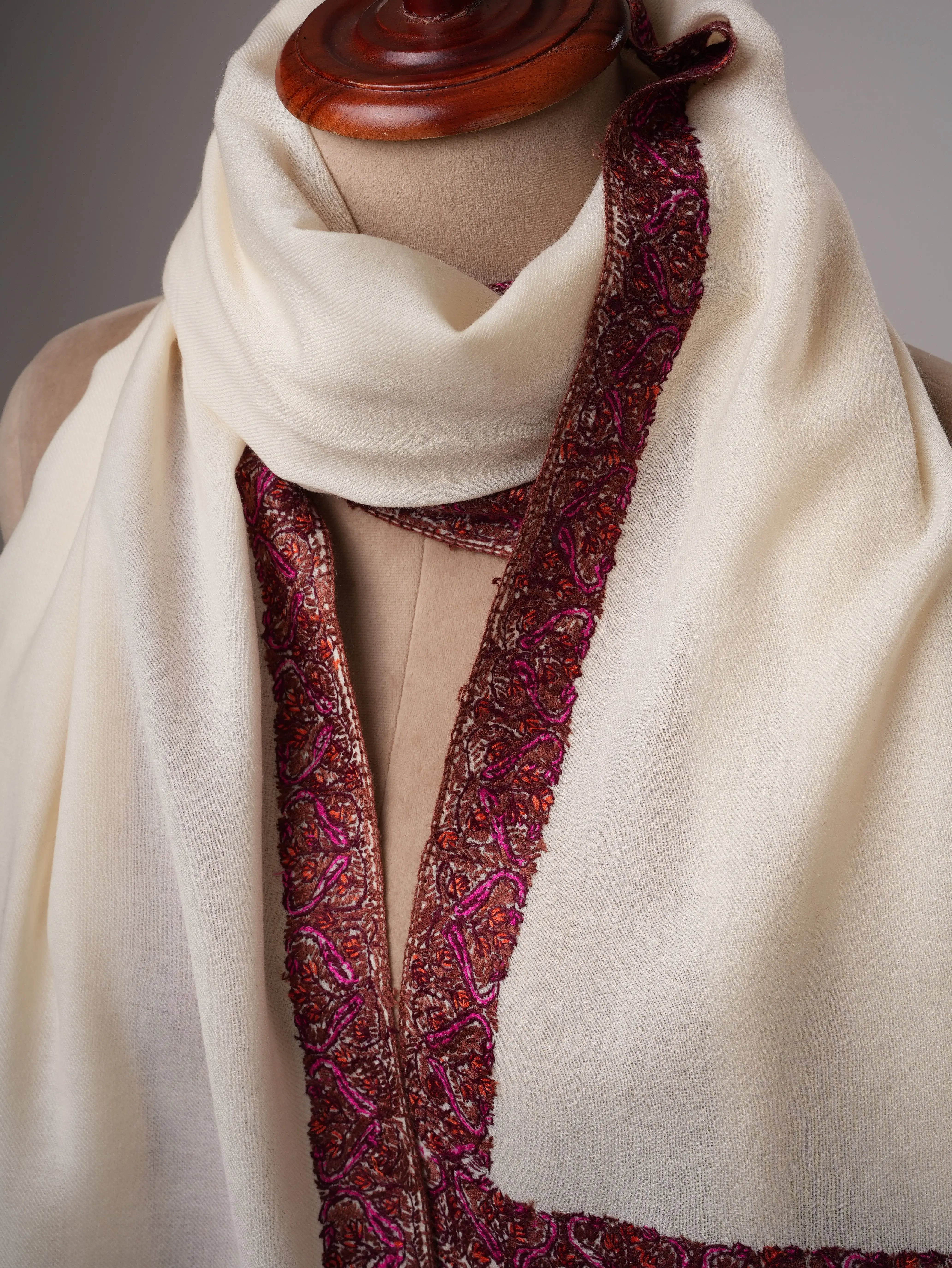 Ivory Fine Wool Indian Shawl with Border Hand Embroidery Shahkaar