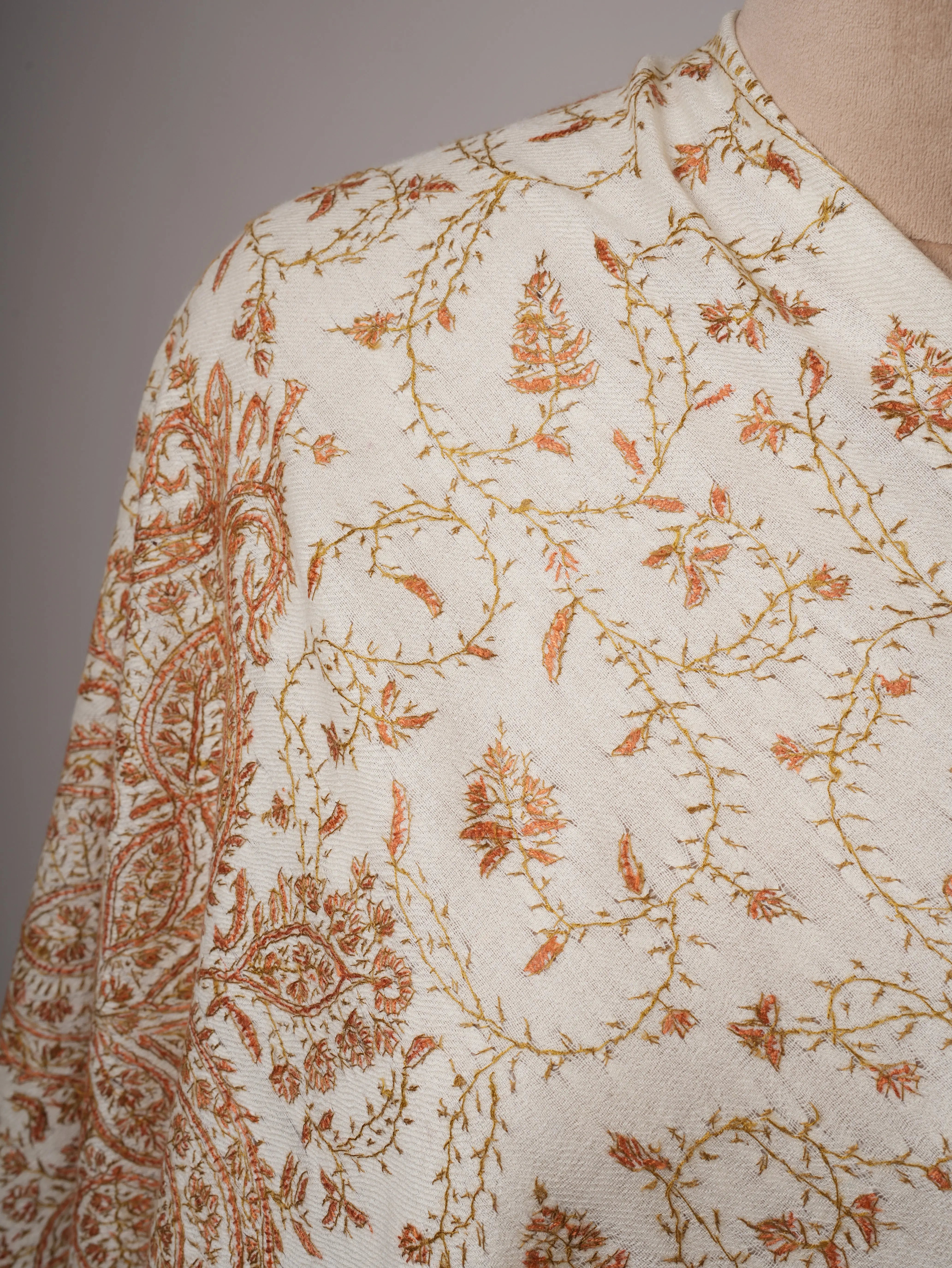 Ivory Fine Wool Scarf with Hand Embroidery Shahkaar