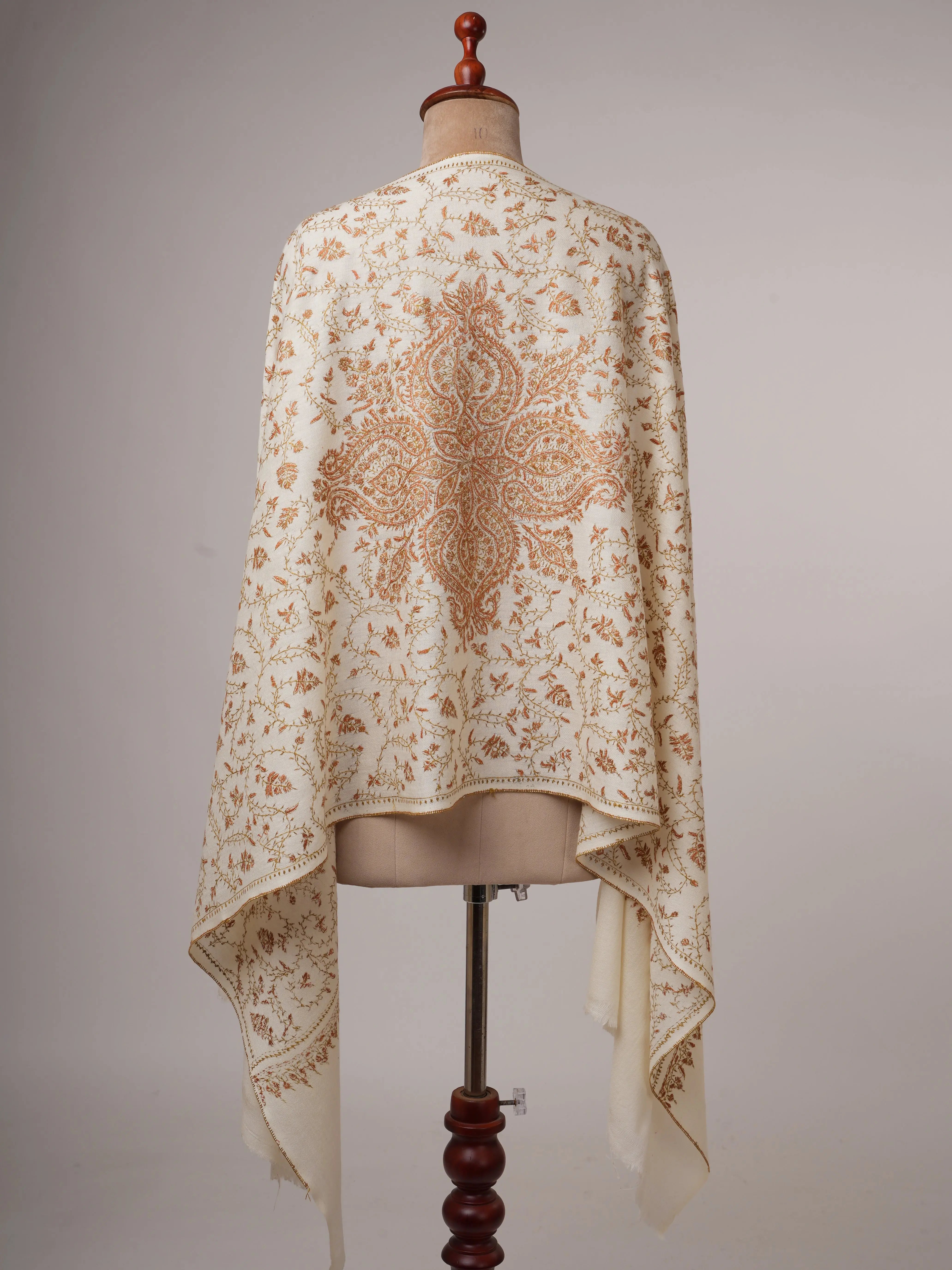 Ivory Fine Wool Scarf with Hand Embroidery Shahkaar