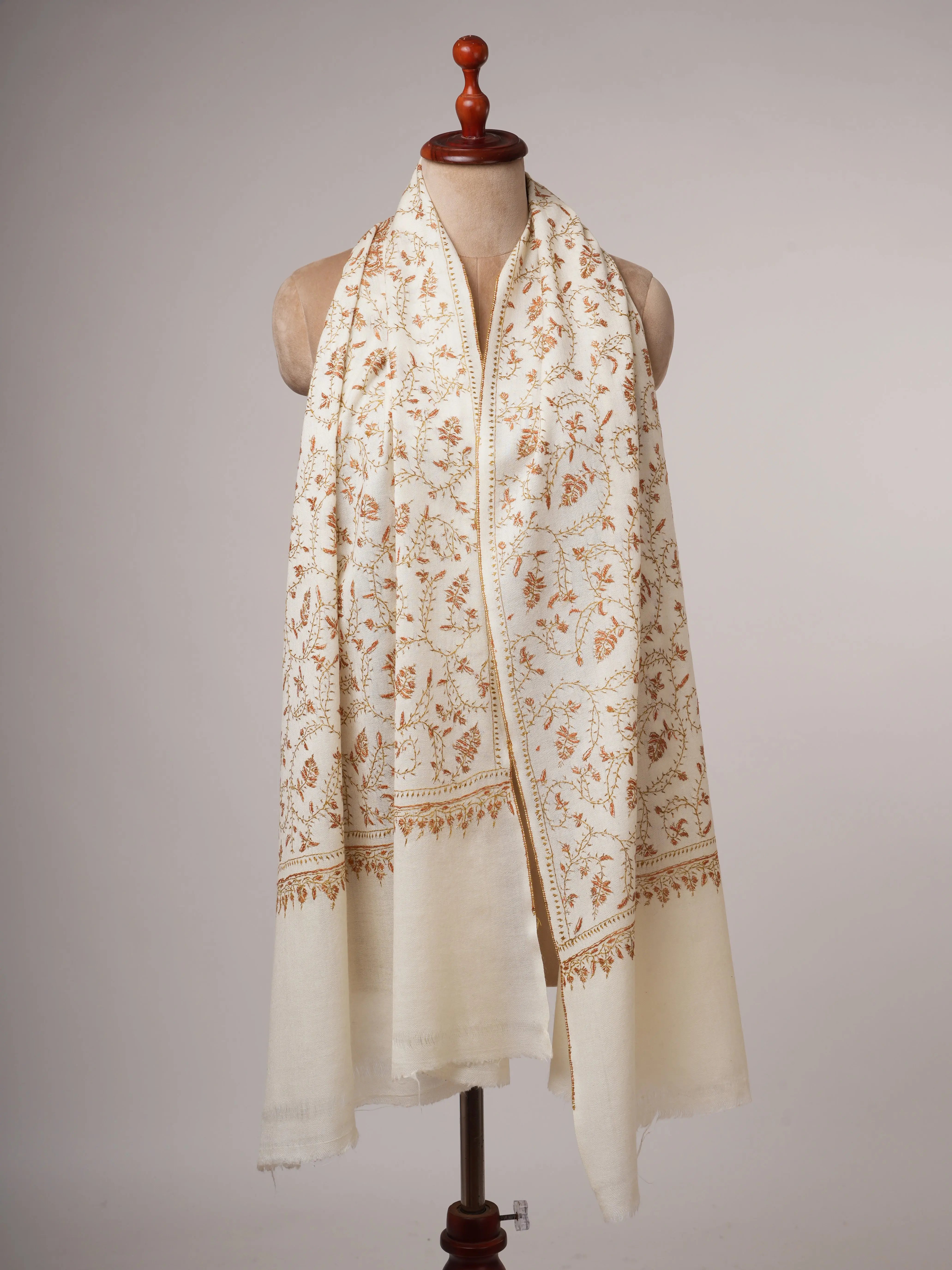 Ivory Fine Wool Scarf with Hand Embroidery Shahkaar