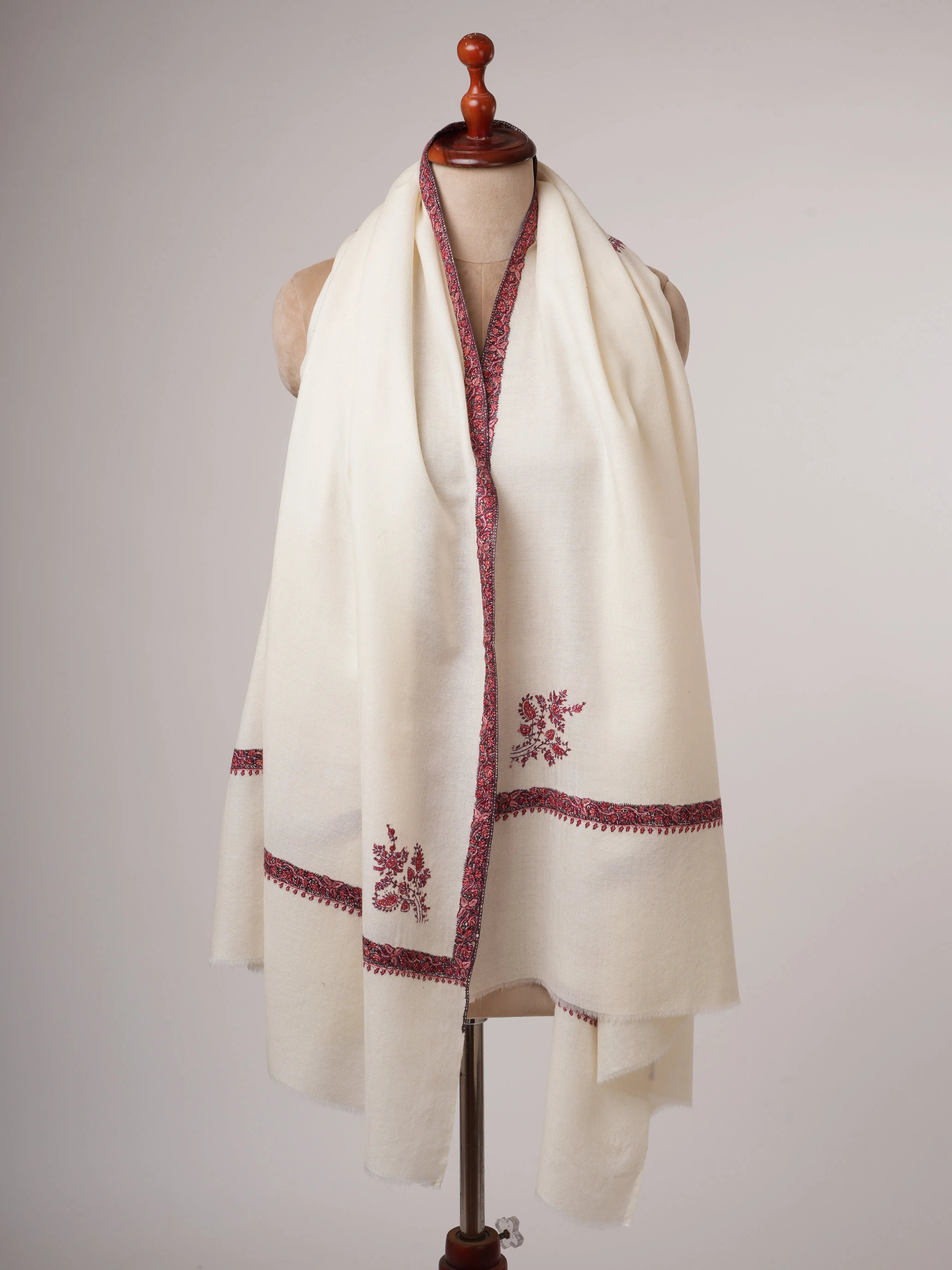 Ivory Fine Wool Shawl with Hand Embroidered Corner Motif & Jali Center Shahkaar