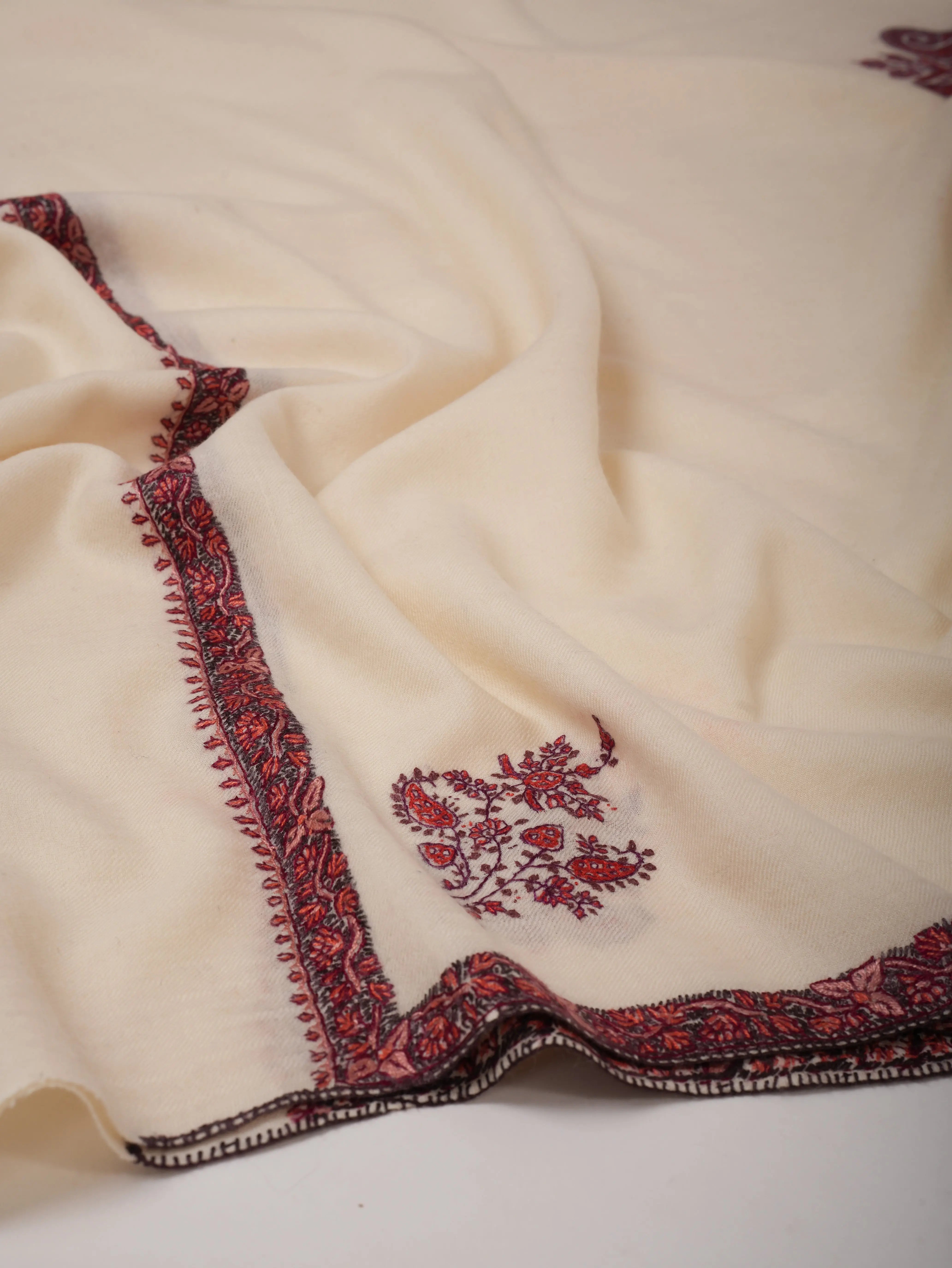 Ivory Fine Wool Shawl with Hand Embroidered Corner Motif & Jali Center Shahkaar