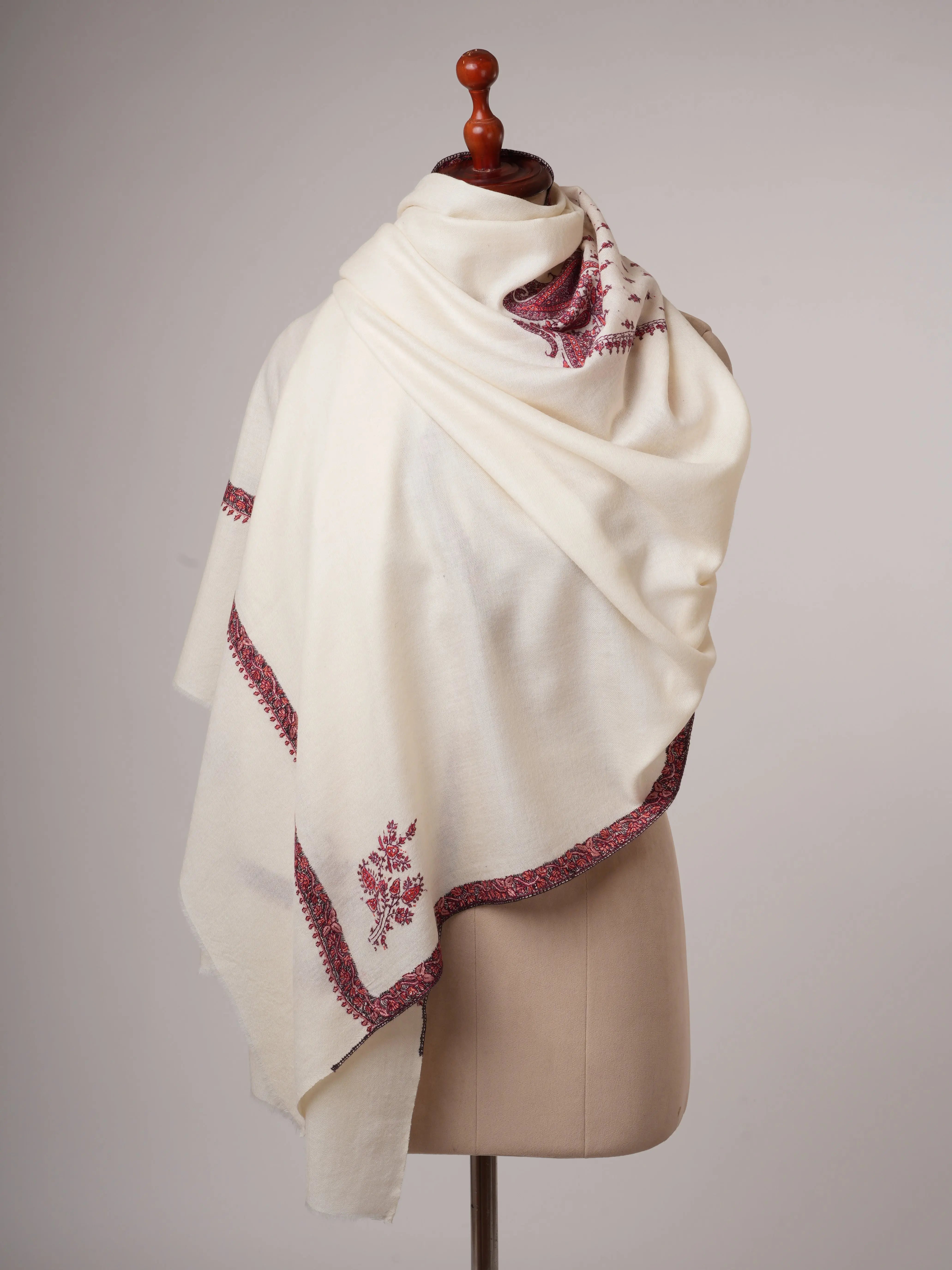 Ivory Fine Wool Shawl with Hand Embroidered Corner Motif & Jali Center Shahkaar