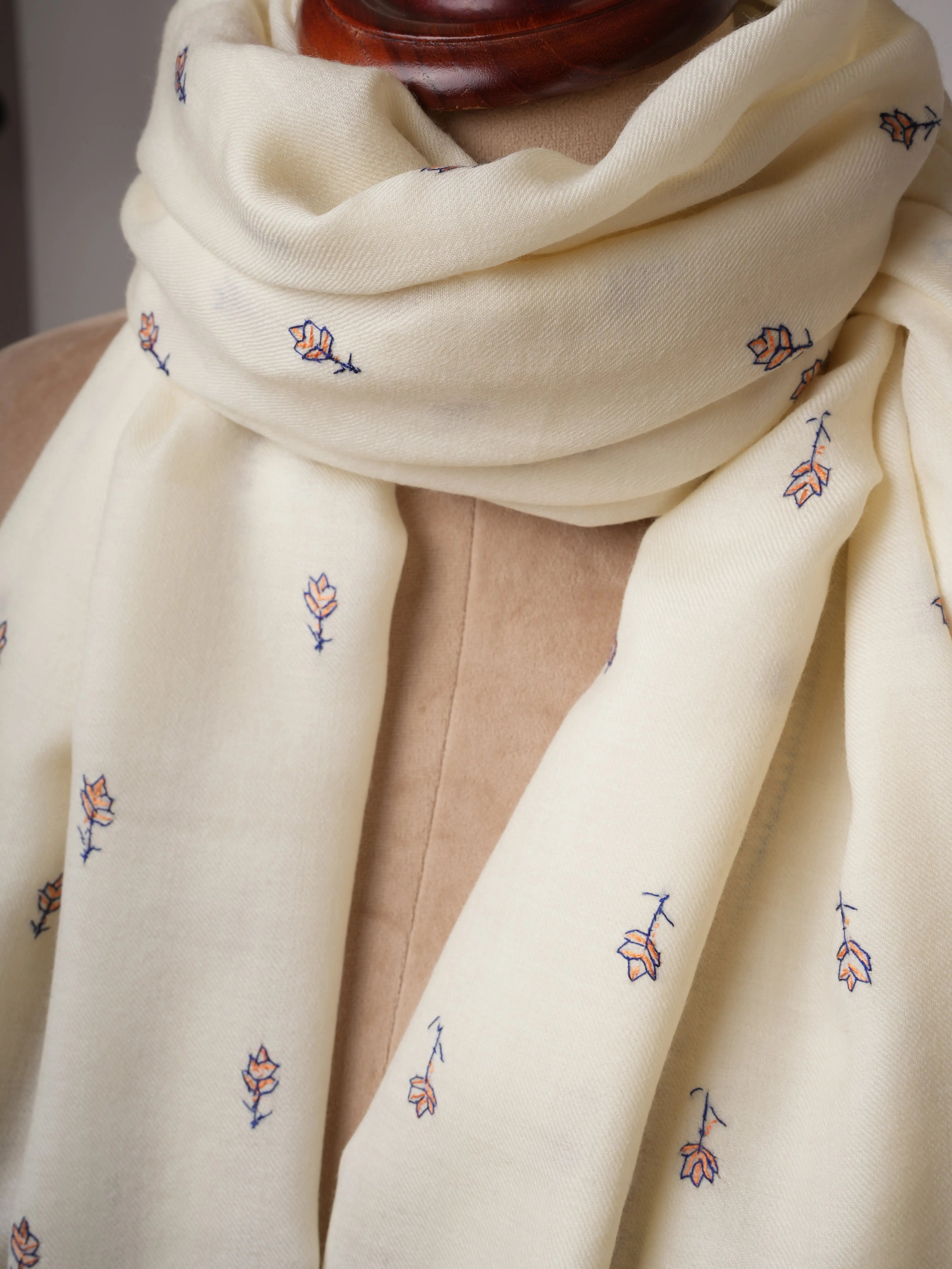 Ivory Fine Wool Wrap with Hand Embroidery Shahkaar