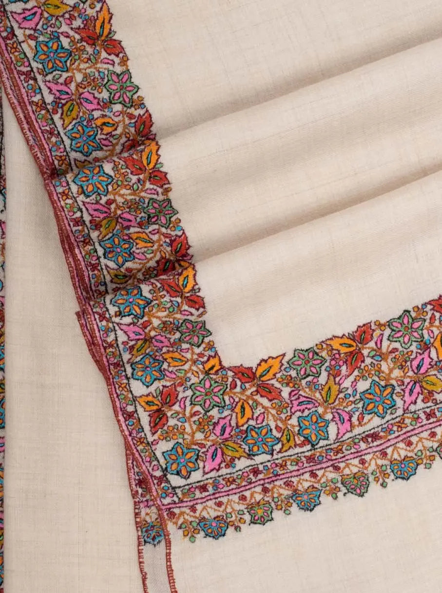 Ivory Floral Neem Daur Kashmiri Pashmina Wrap Shahkaar