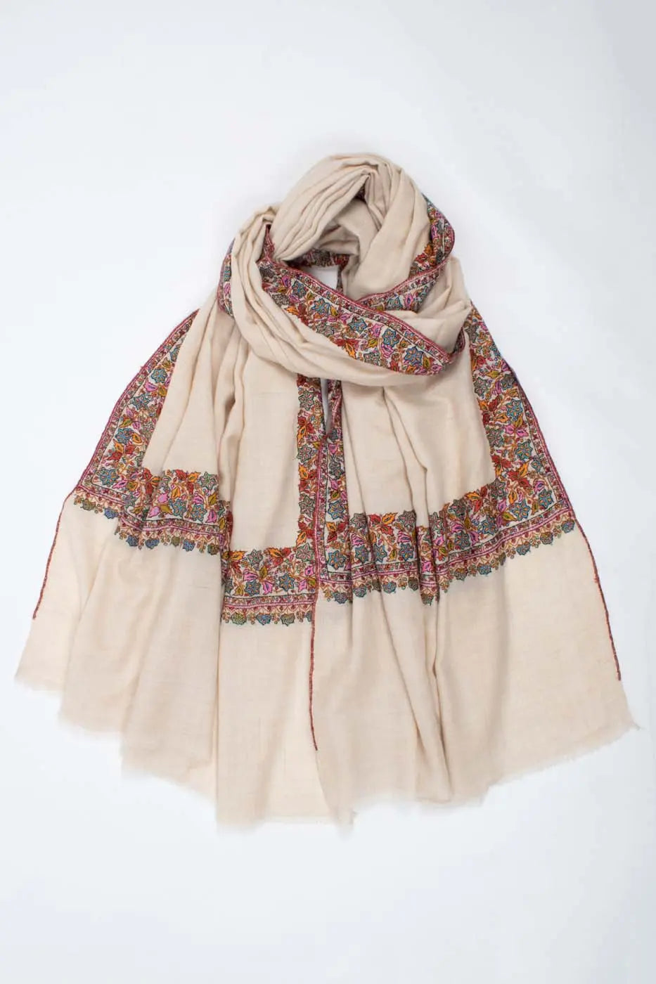 Ivory Floral Neem Daur Kashmiri Pashmina Wrap Shahkaar