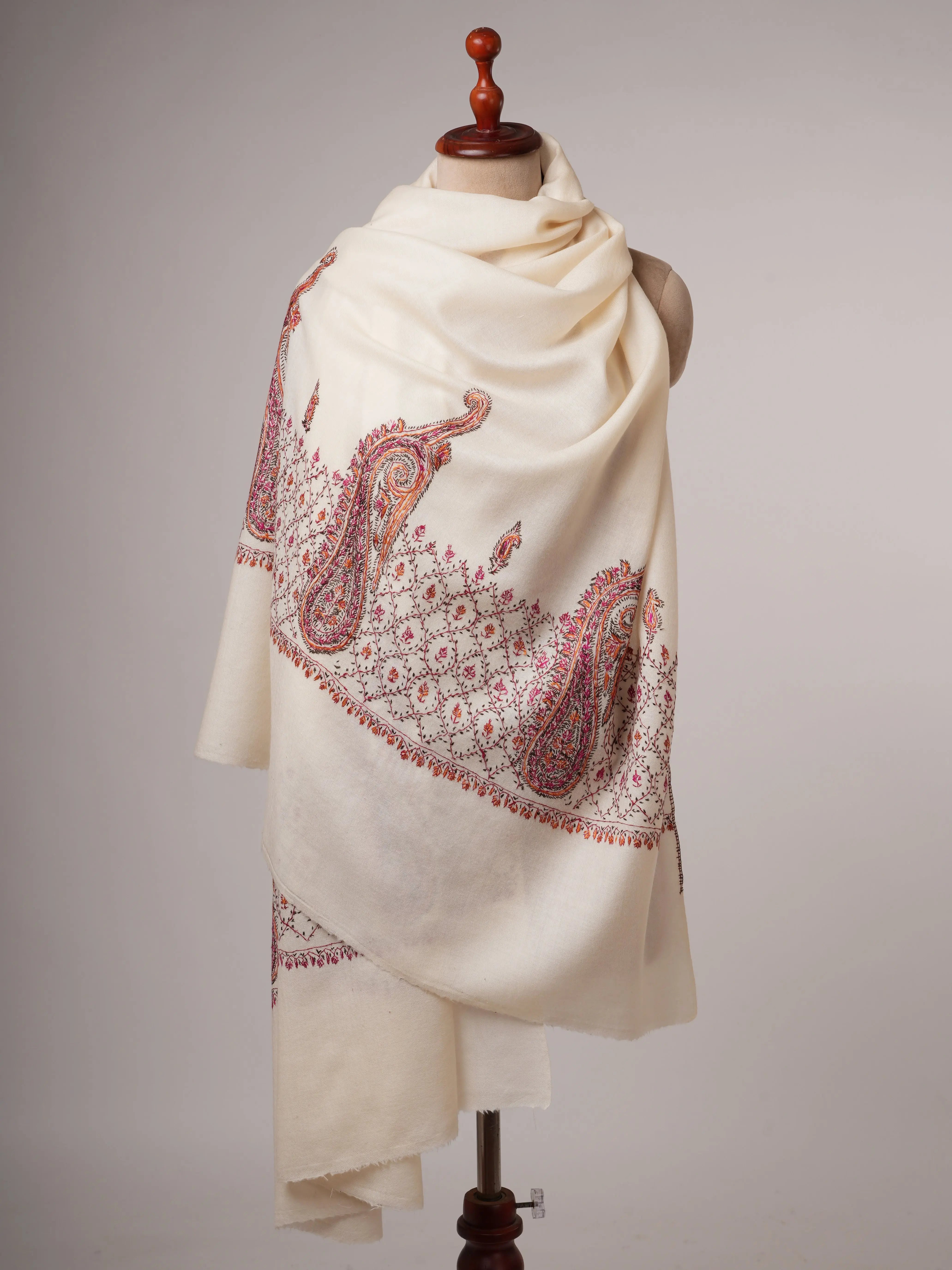 Ivory Hand Embroidered Fine Wool Shawl with Paisley Palla Shahkaar