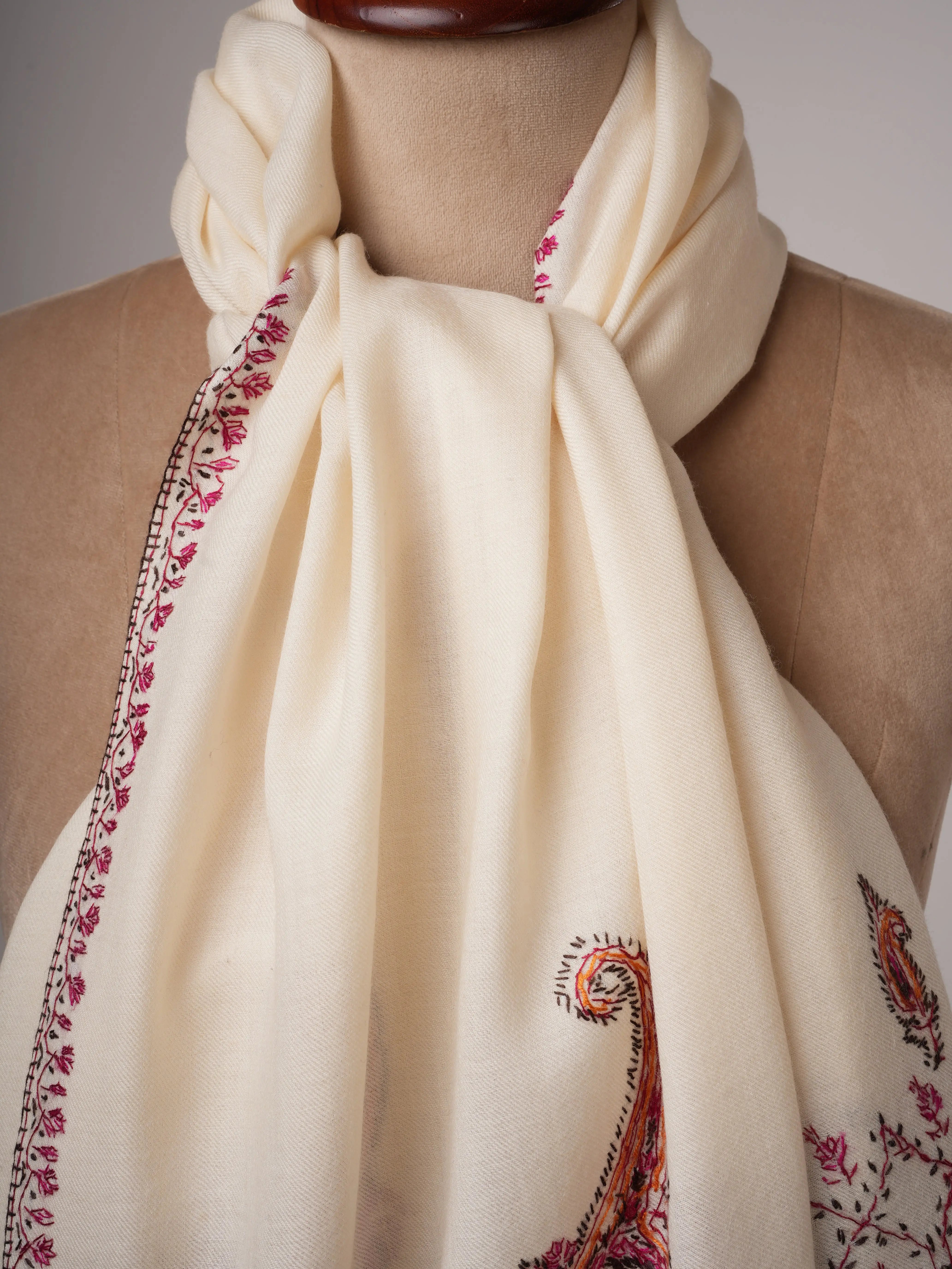 Ivory Hand Embroidered Fine Wool Shawl with Paisley Palla Shahkaar