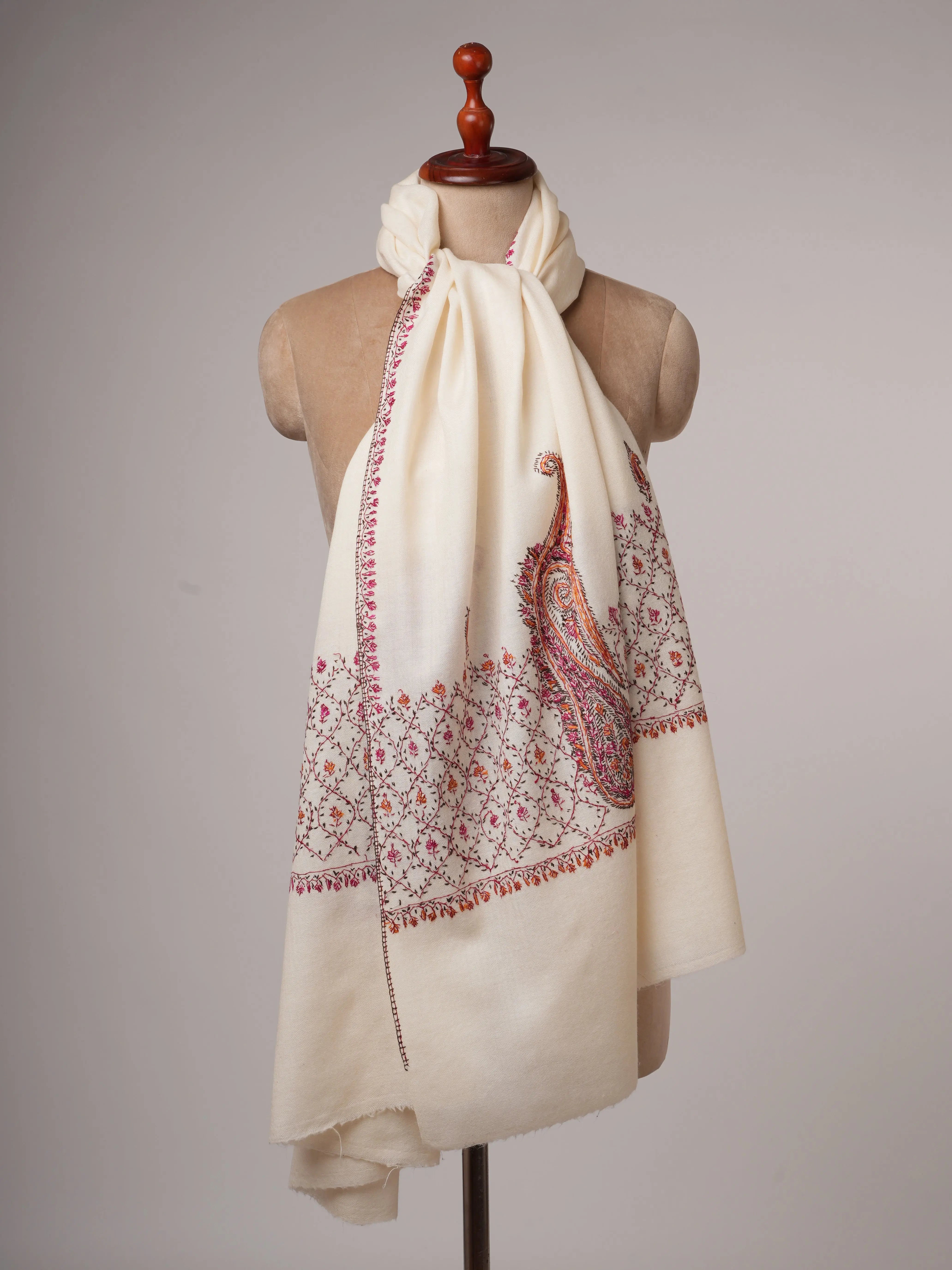 Ivory Hand Embroidered Fine Wool Shawl with Paisley Palla Shahkaar