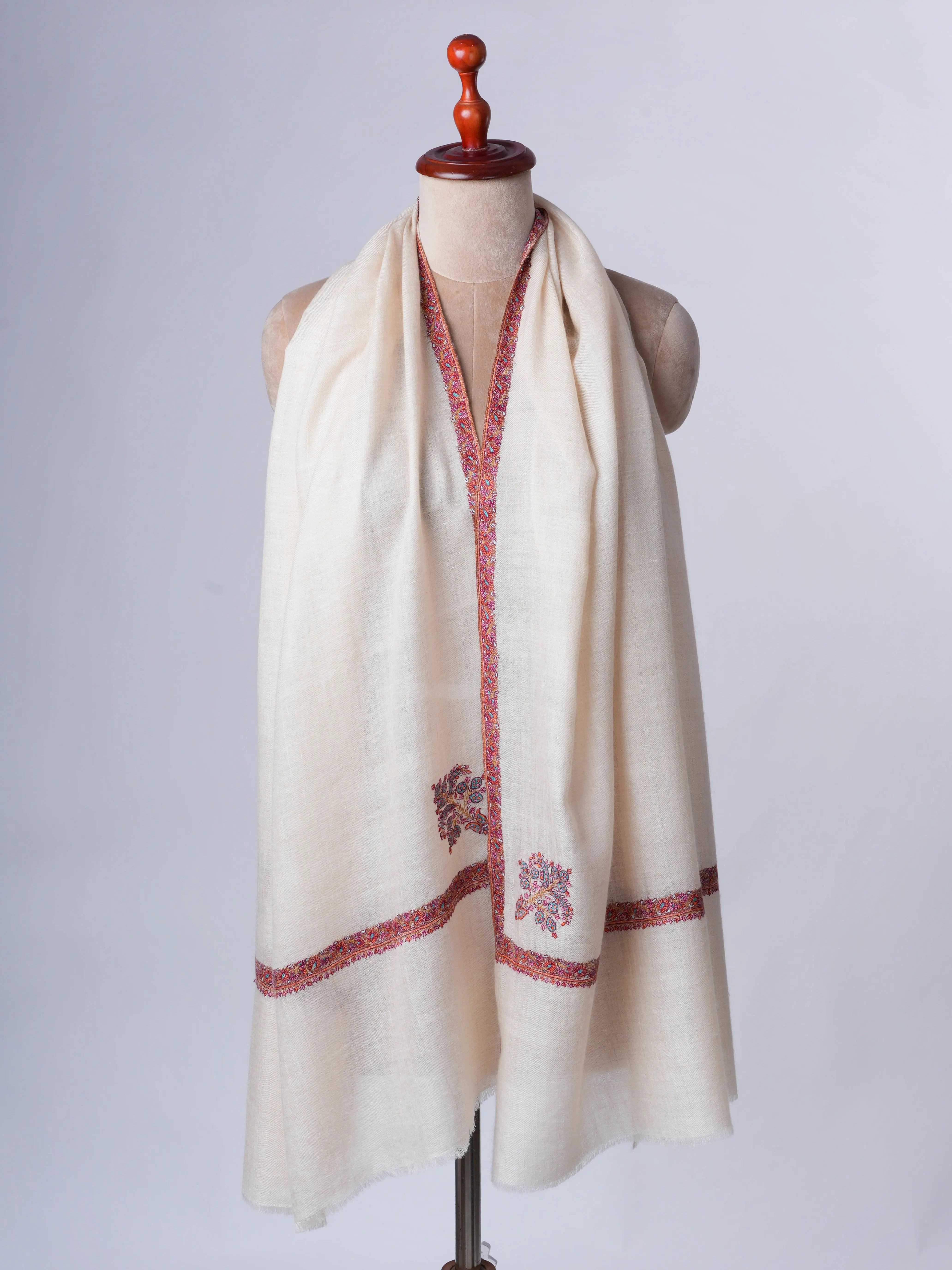 Ivory Hand Embroidered Hashia Baby Soft Cashmere Scarf Shahkaar