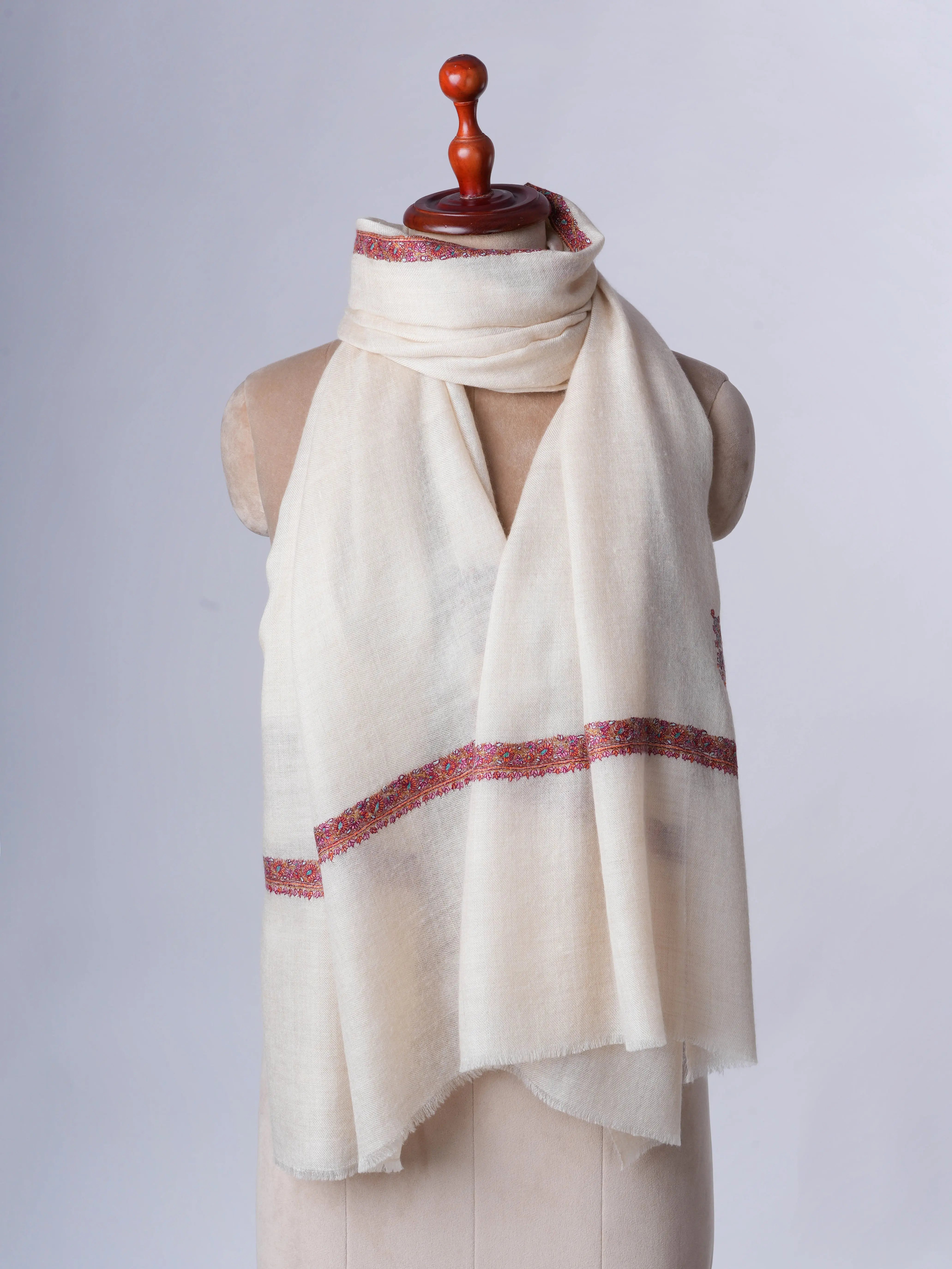 Ivory Hand Embroidered Hashia Baby Soft Cashmere Scarf Shahkaar