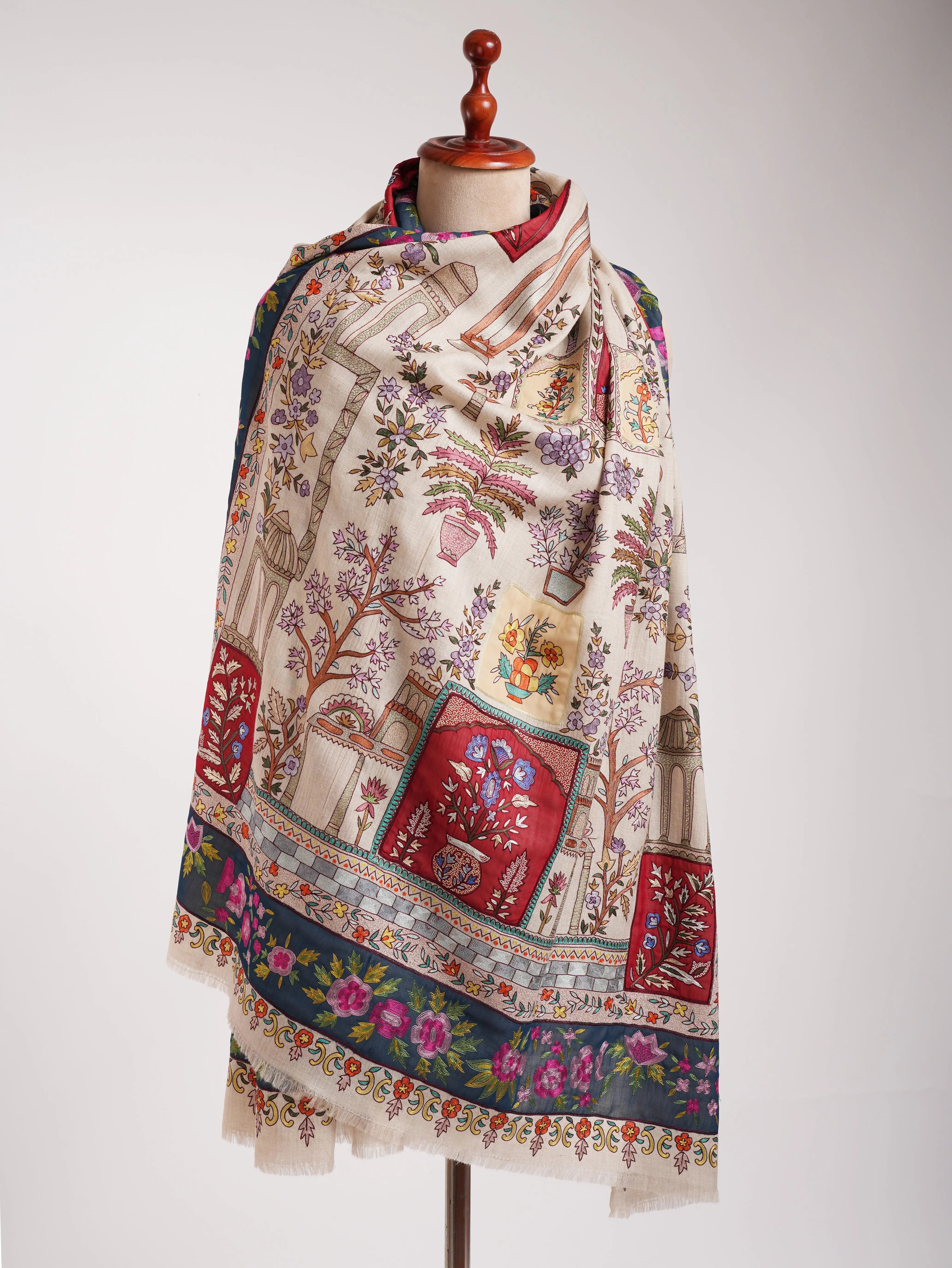 Ivory Hand Embroidered Indian Pashmina Shawl Shahkaar