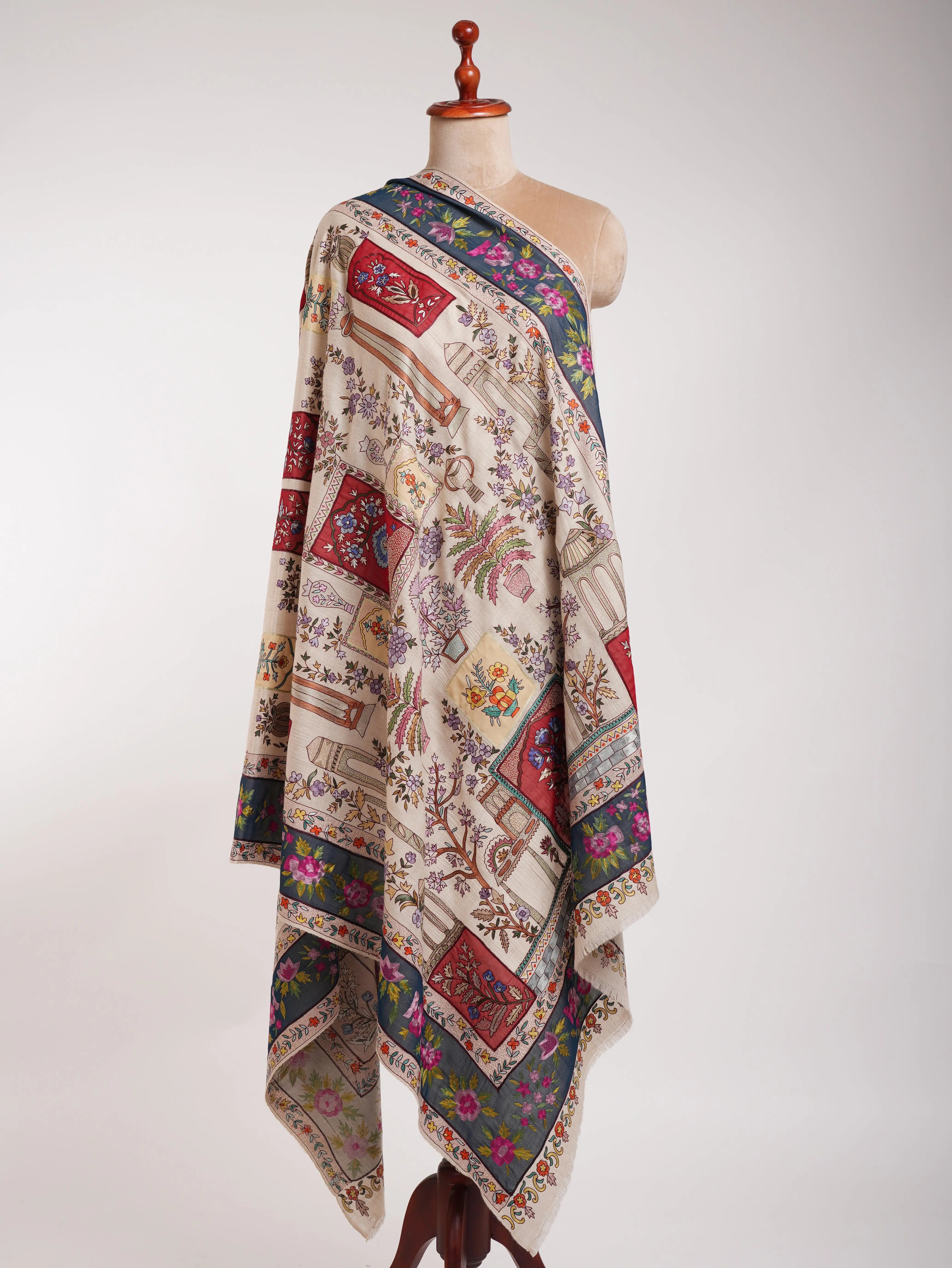 Ivory Hand Embroidered Indian Pashmina Shawl Shahkaar