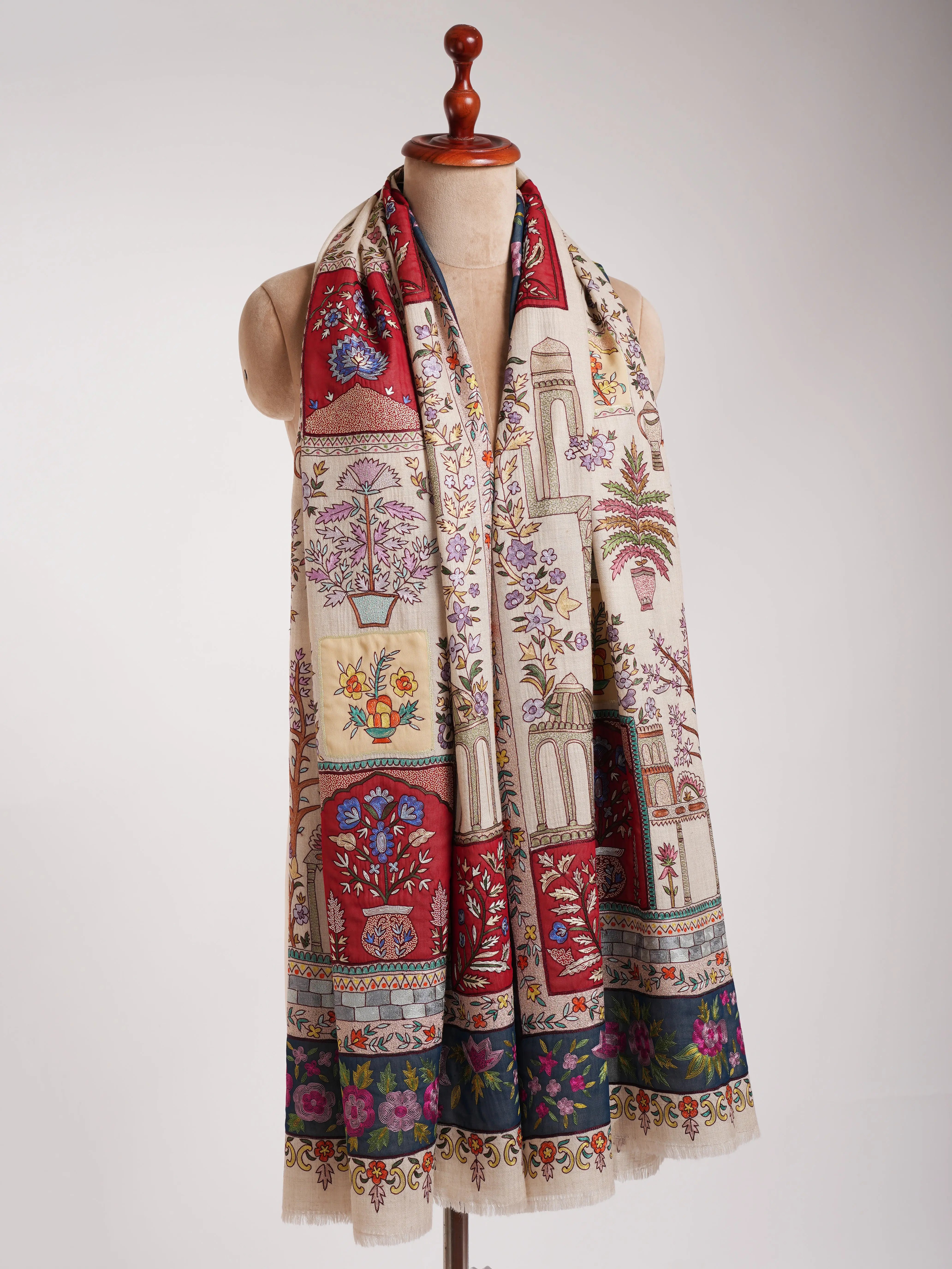 Ivory Hand Embroidered Indian Pashmina Shawl Shahkaar