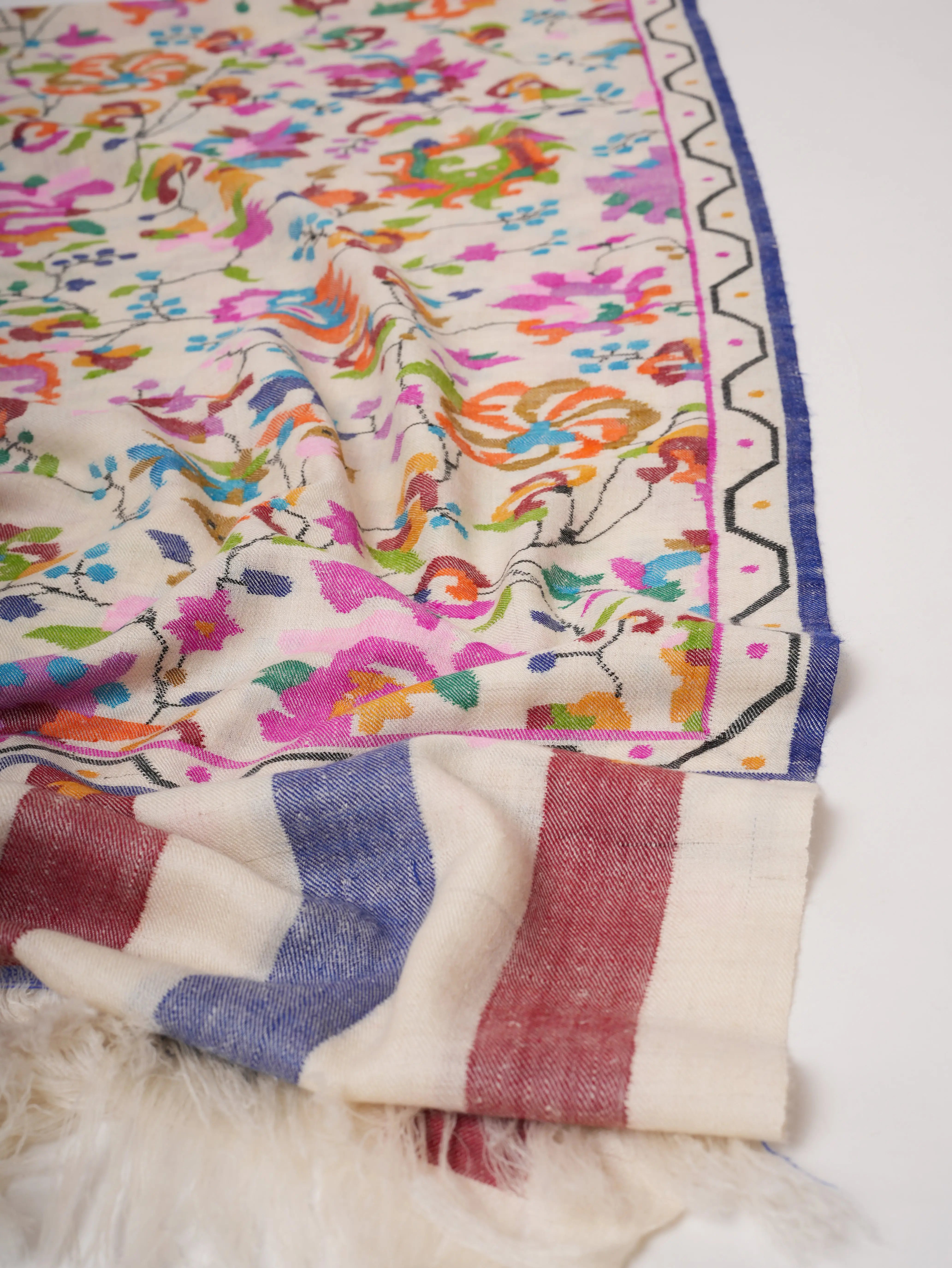 Ivory Handloomed Kani Pashmina Shawl with Fresh Floral Motifs Shahkaar