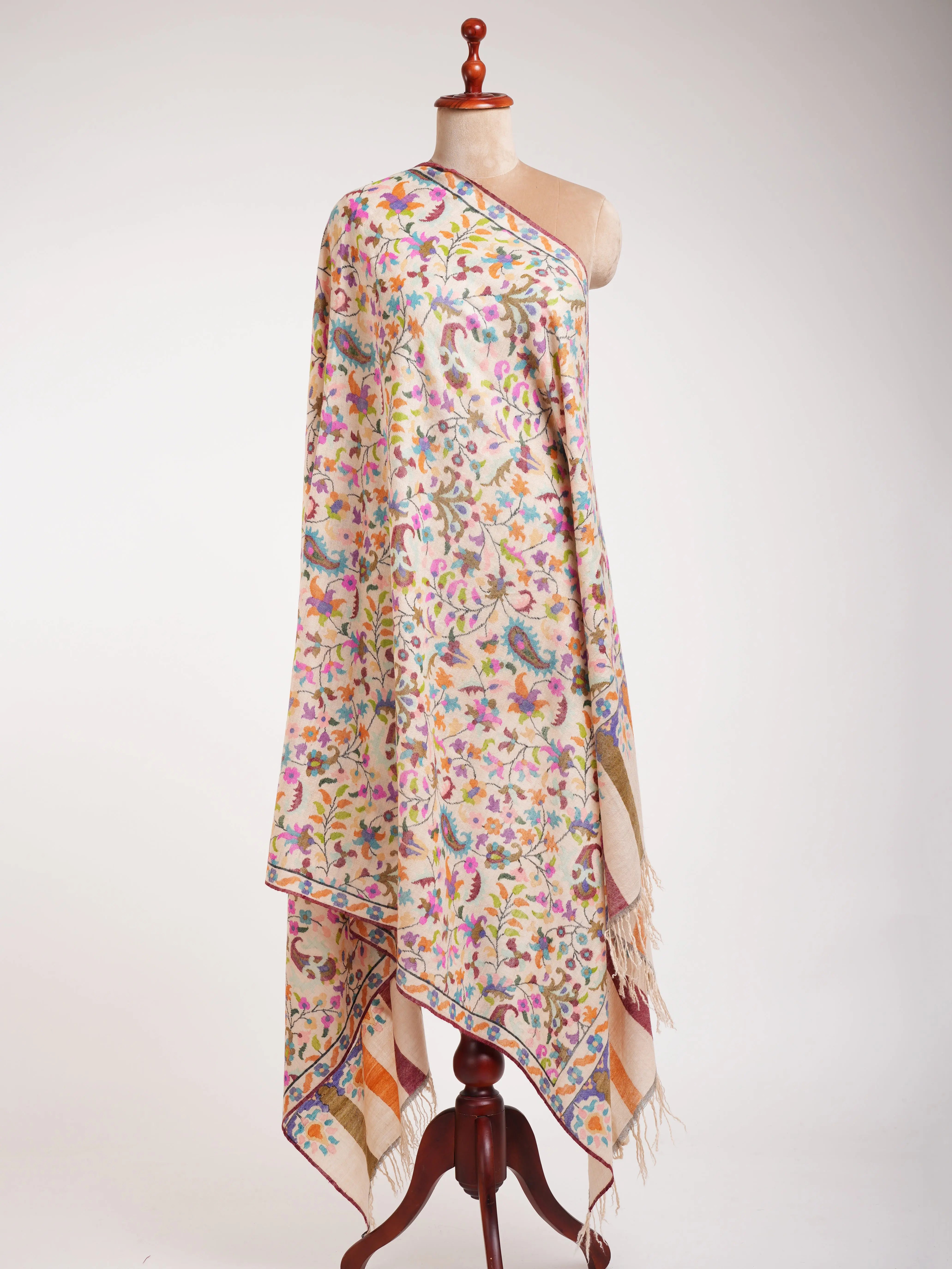 Ivory Handwoven Kashmiri Kani Shawl Shahkaar