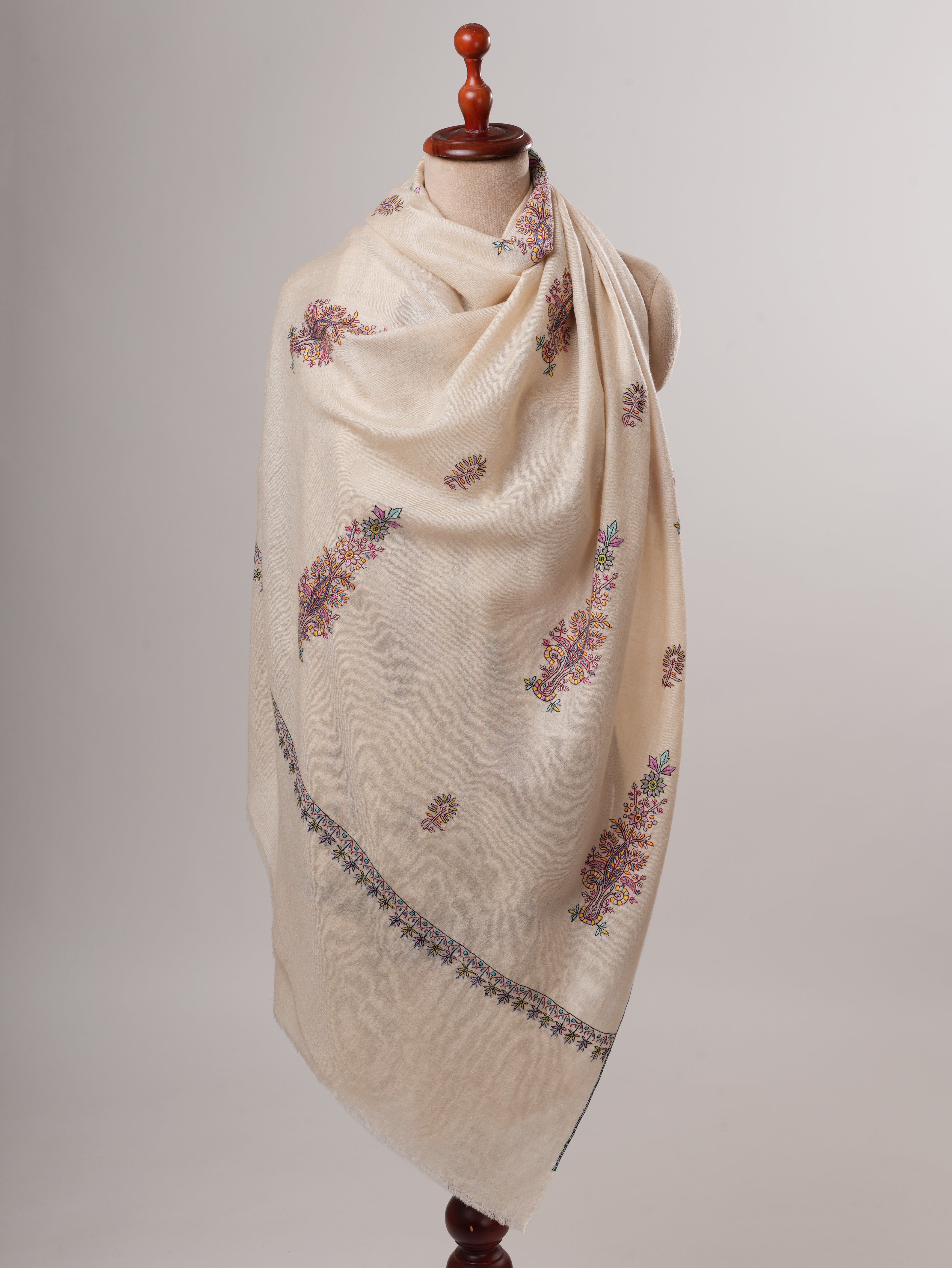 Ivory Handwoven Shahkaar Pashmina Shawl with Buteh Embroidery Shahkaar