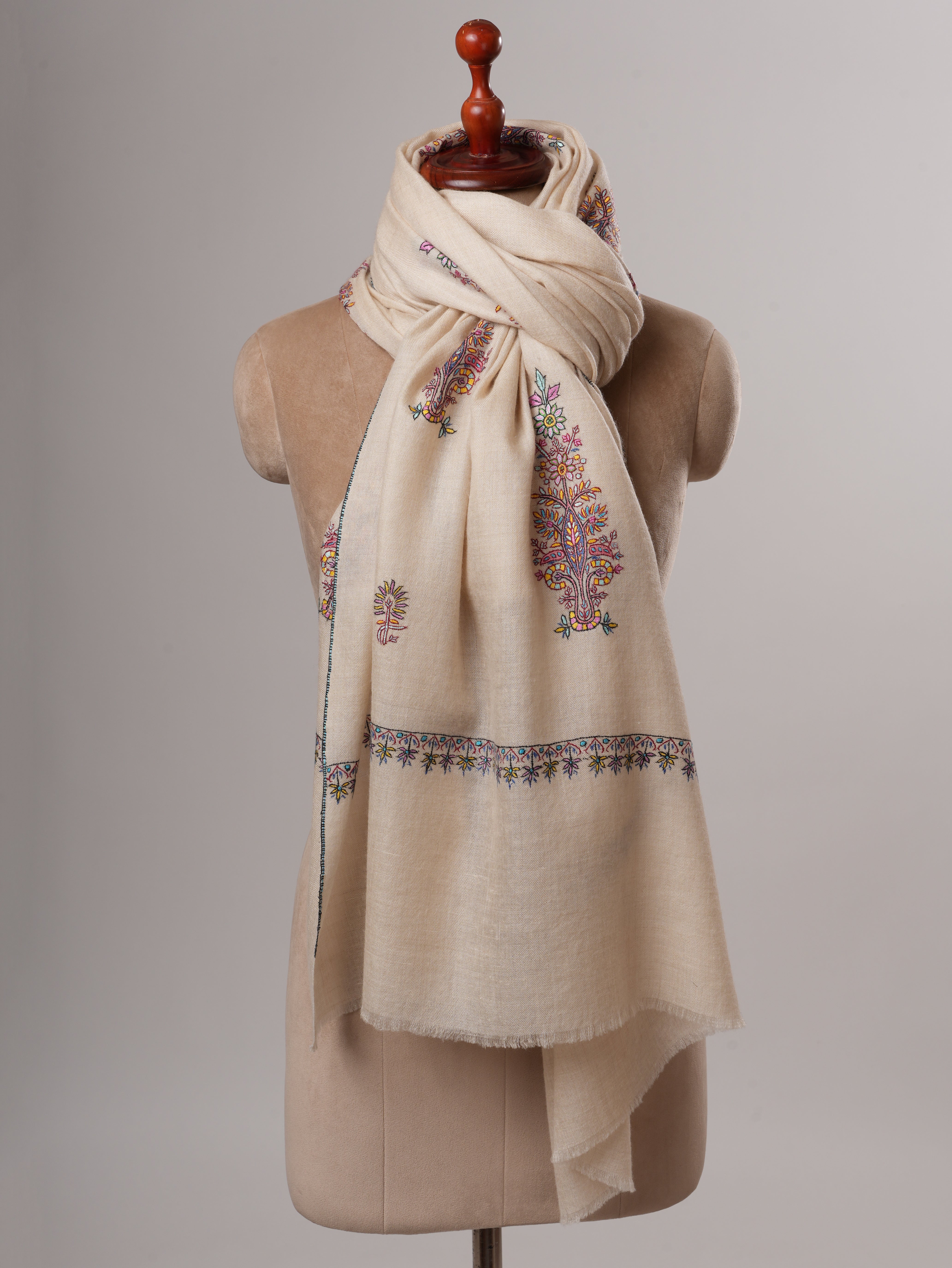 Ivory Handwoven Shahkaar Pashmina Shawl with Buteh Embroidery Shahkaar