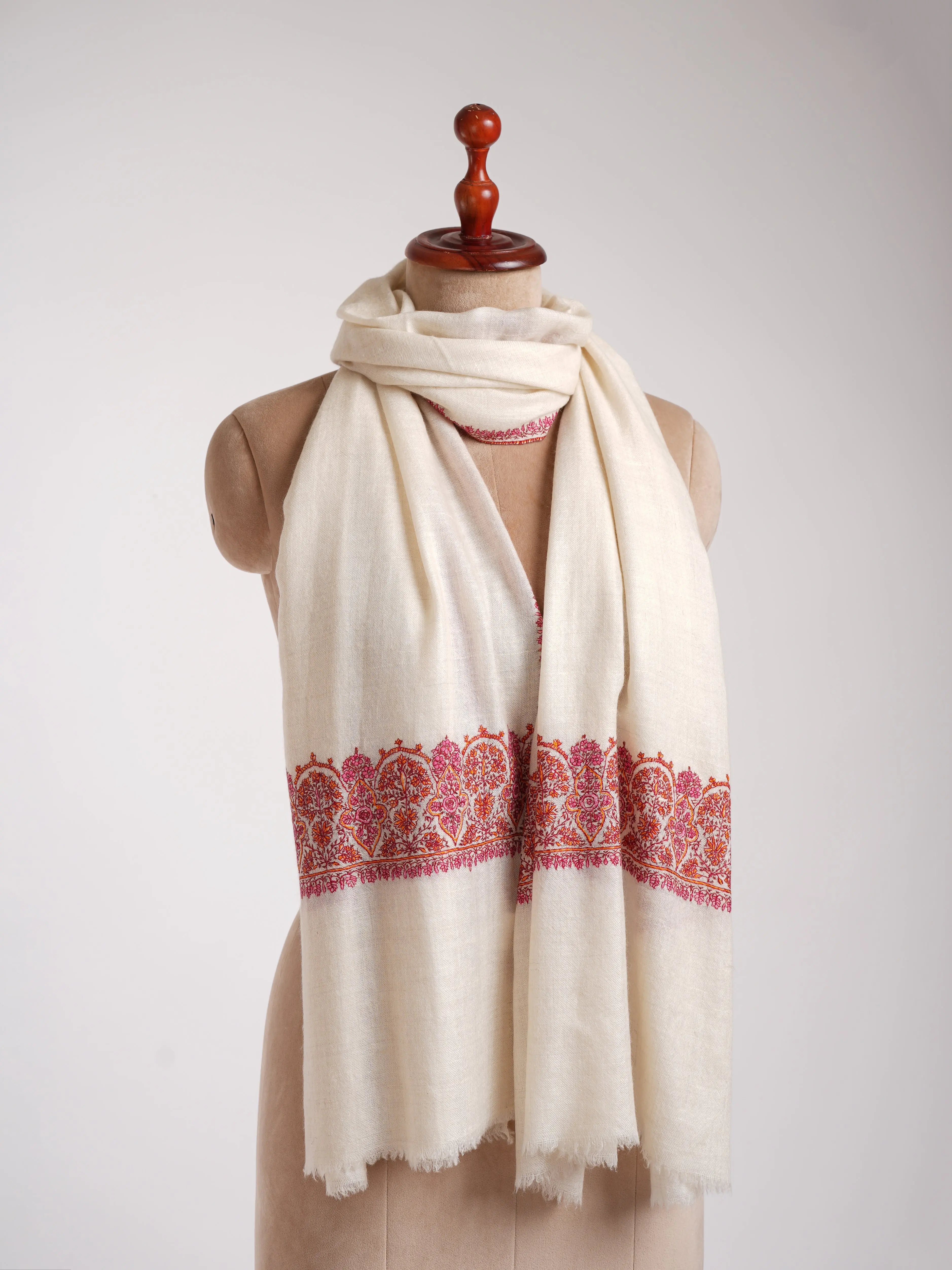 Ivory Indian Cashmere Stole with Sozni Embroidery Shahkaar