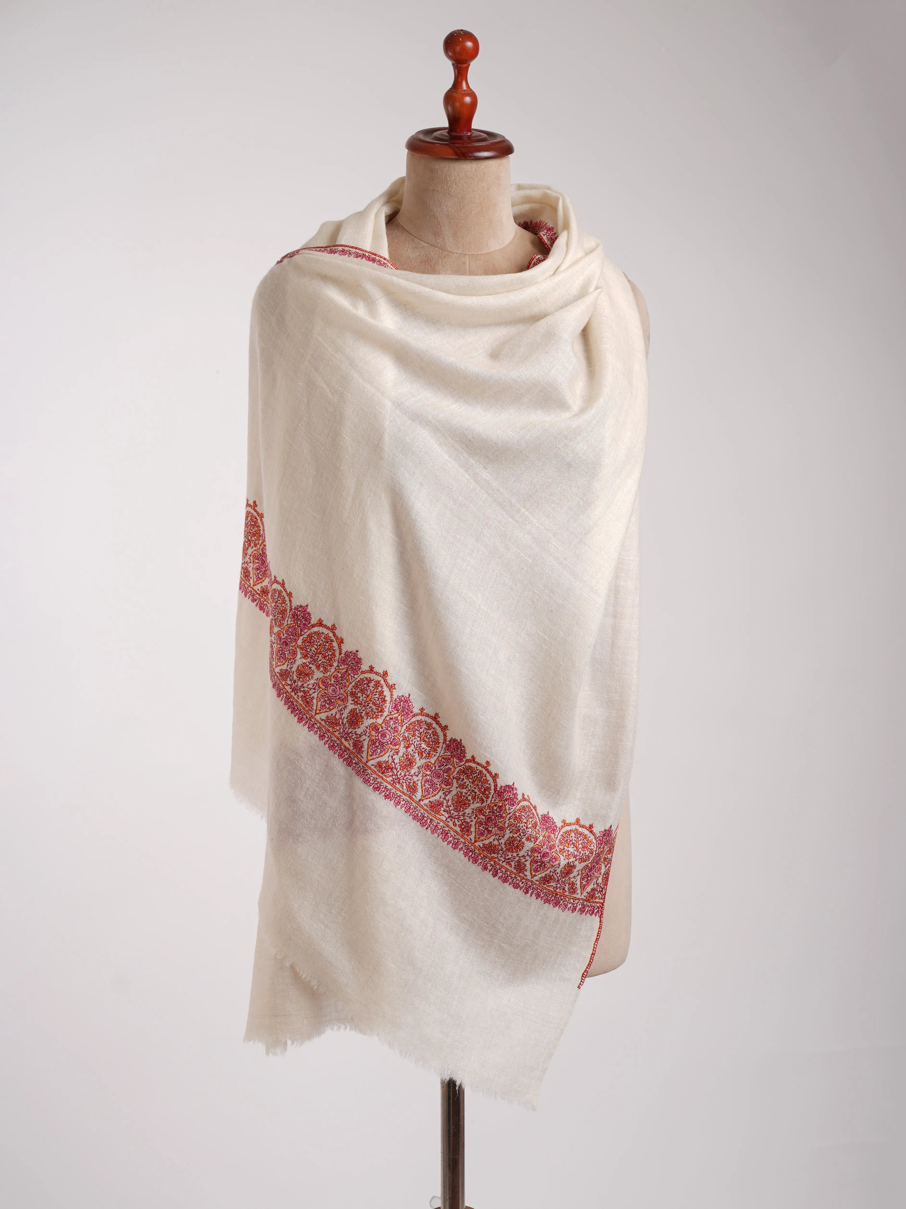 Ivory Indian Cashmere Stole with Sozni Embroidery Shahkaar