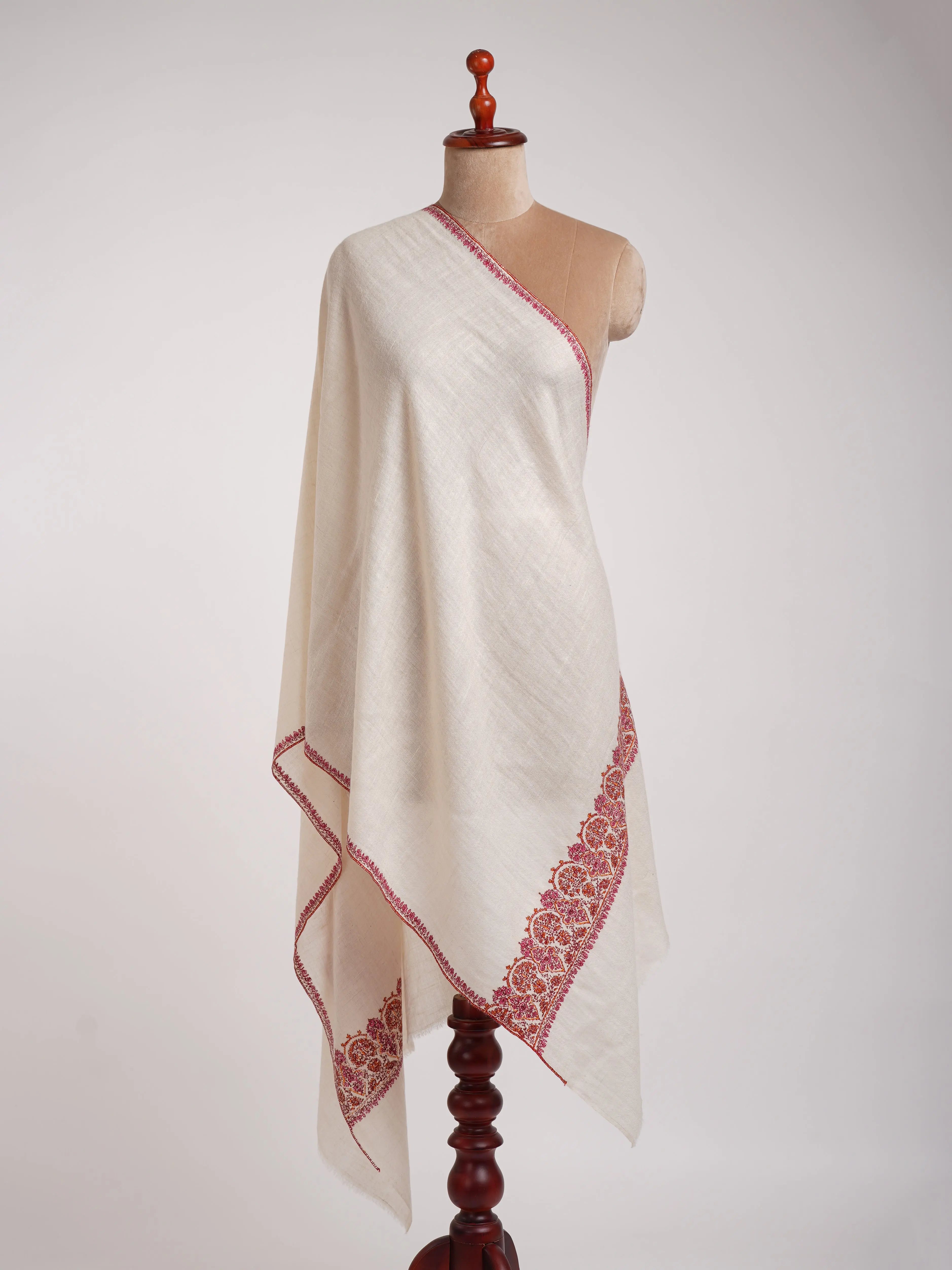 Ivory Indian Cashmere Stole with Sozni Embroidery Shahkaar