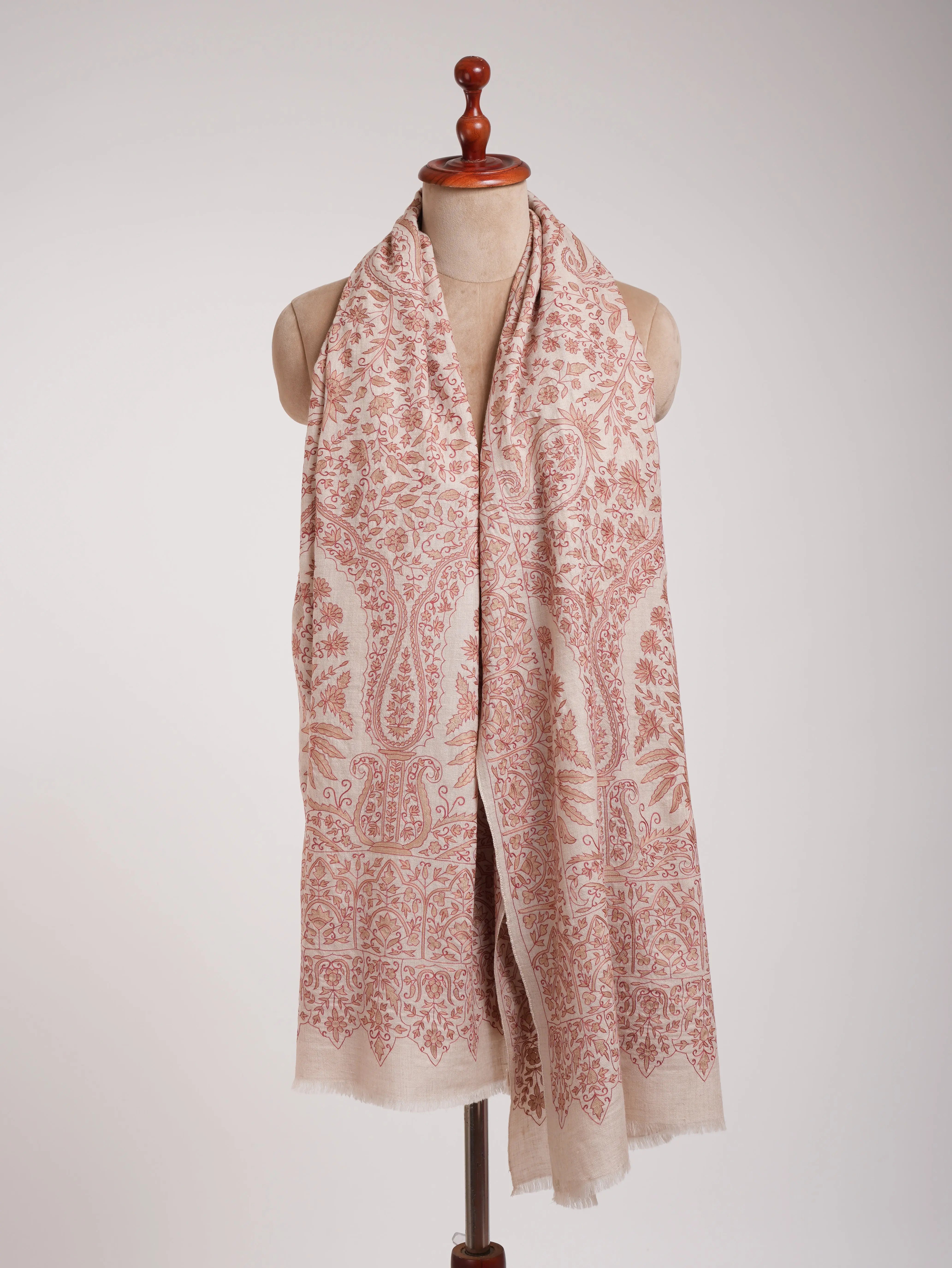 Ivory Indian Pashmina Wrap with Peach and Beige Embroidery Shahkaar