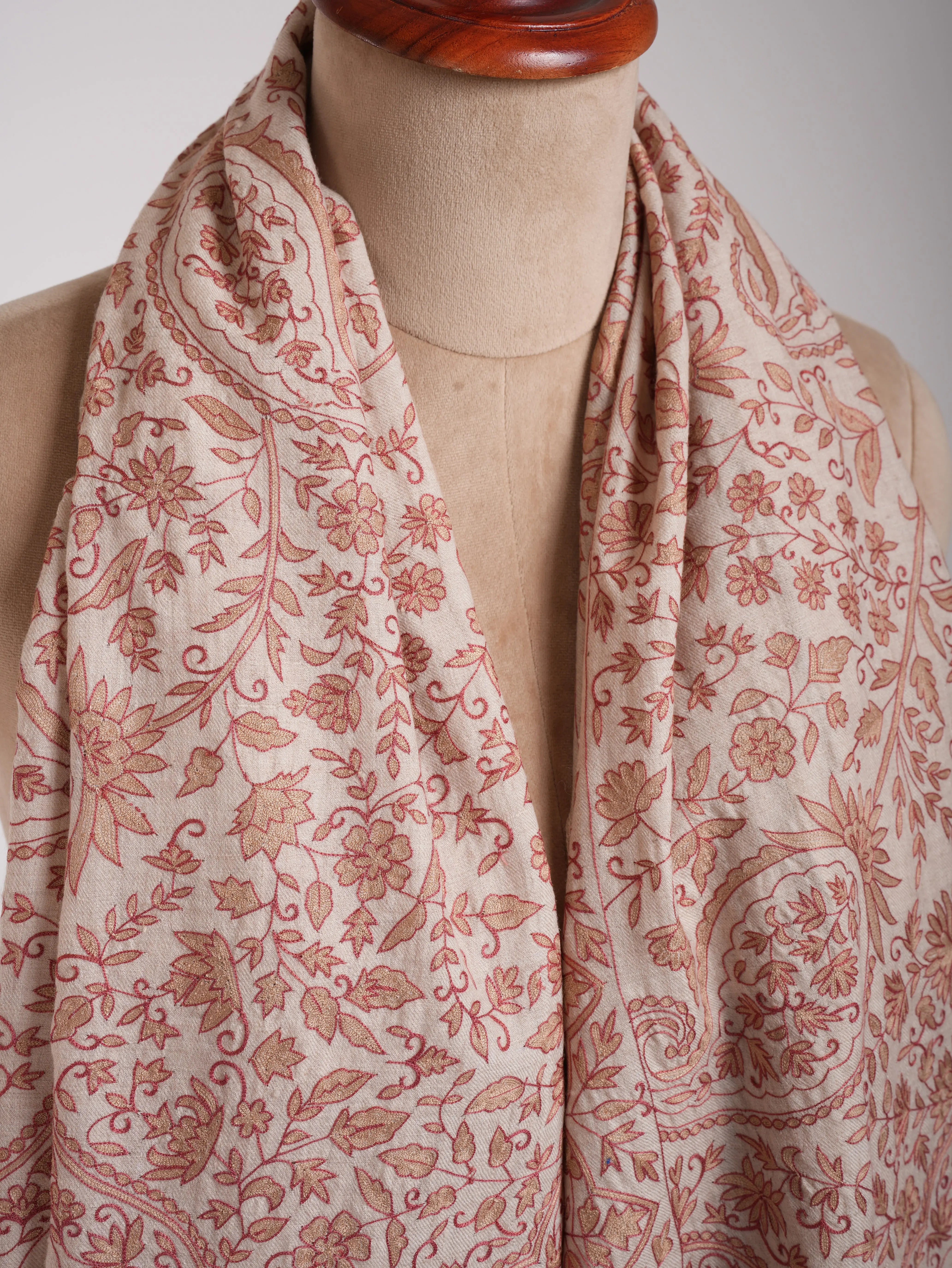 Ivory Indian Pashmina Wrap with Peach and Beige Embroidery Shahkaar