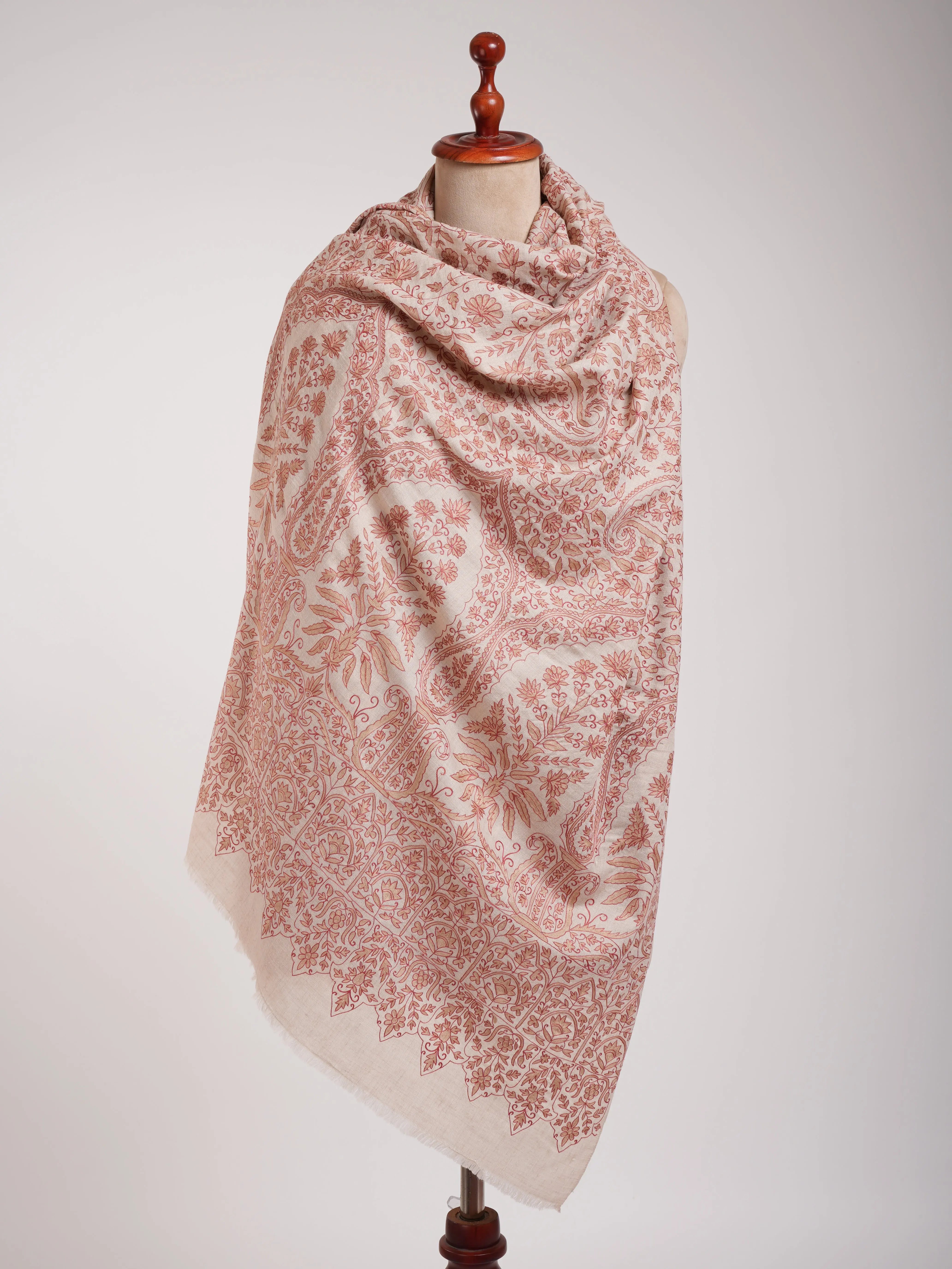 Ivory Indian Pashmina Wrap with Peach and Beige Embroidery Shahkaar