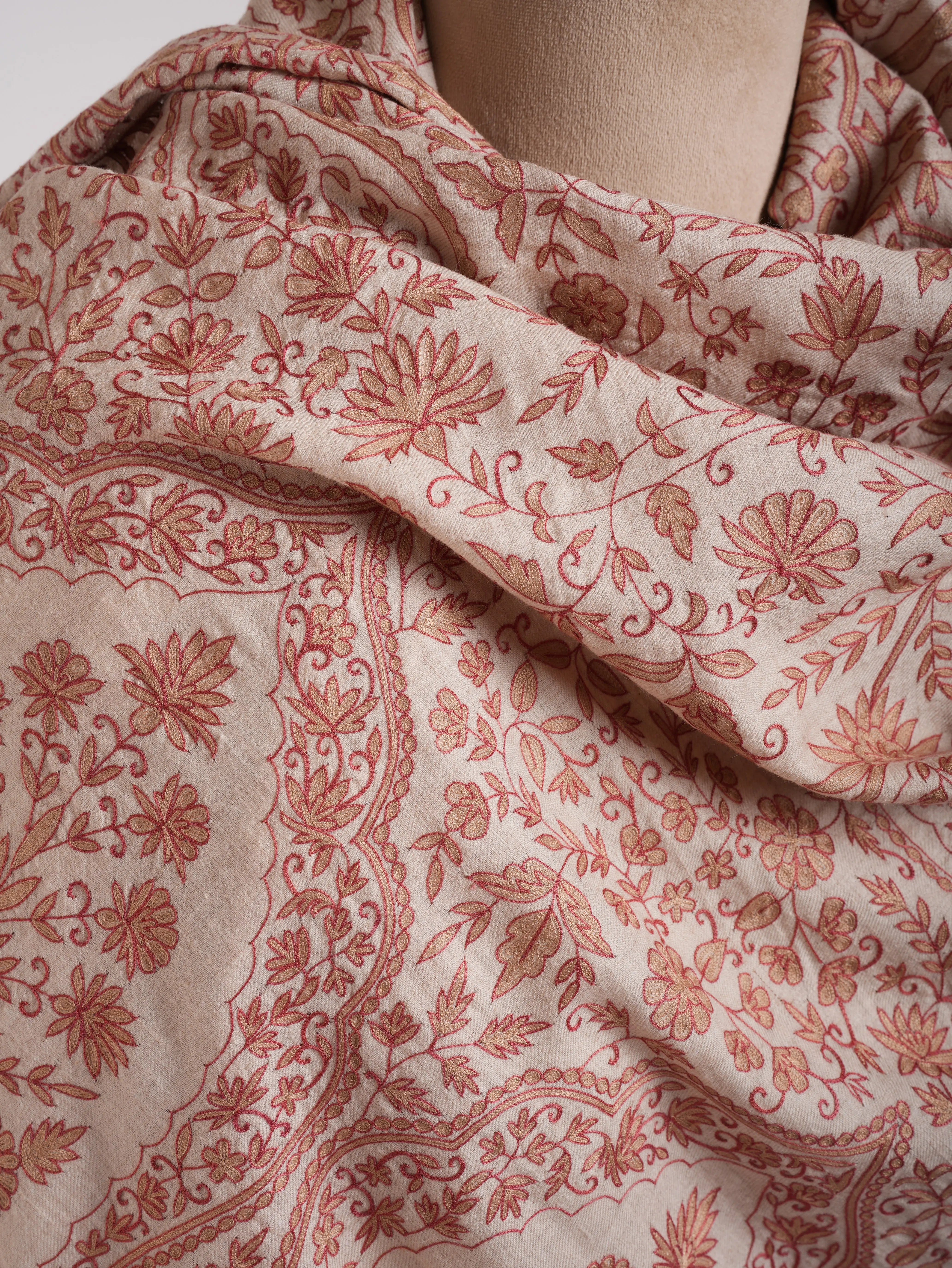 Ivory Indian Pashmina Wrap with Peach and Beige Embroidery Shahkaar