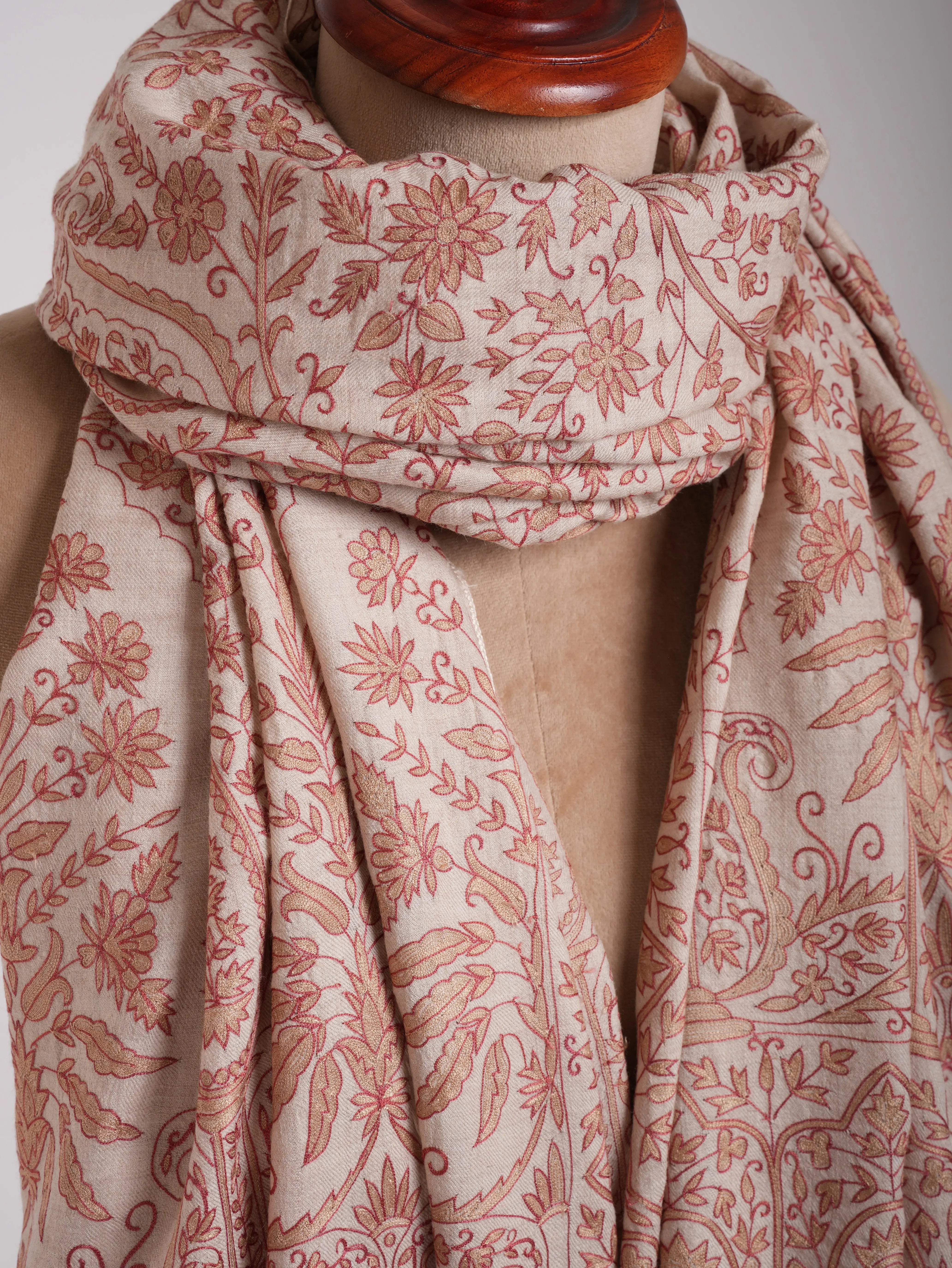 Ivory Indian Pashmina Wrap with Peach and Beige Embroidery Shahkaar