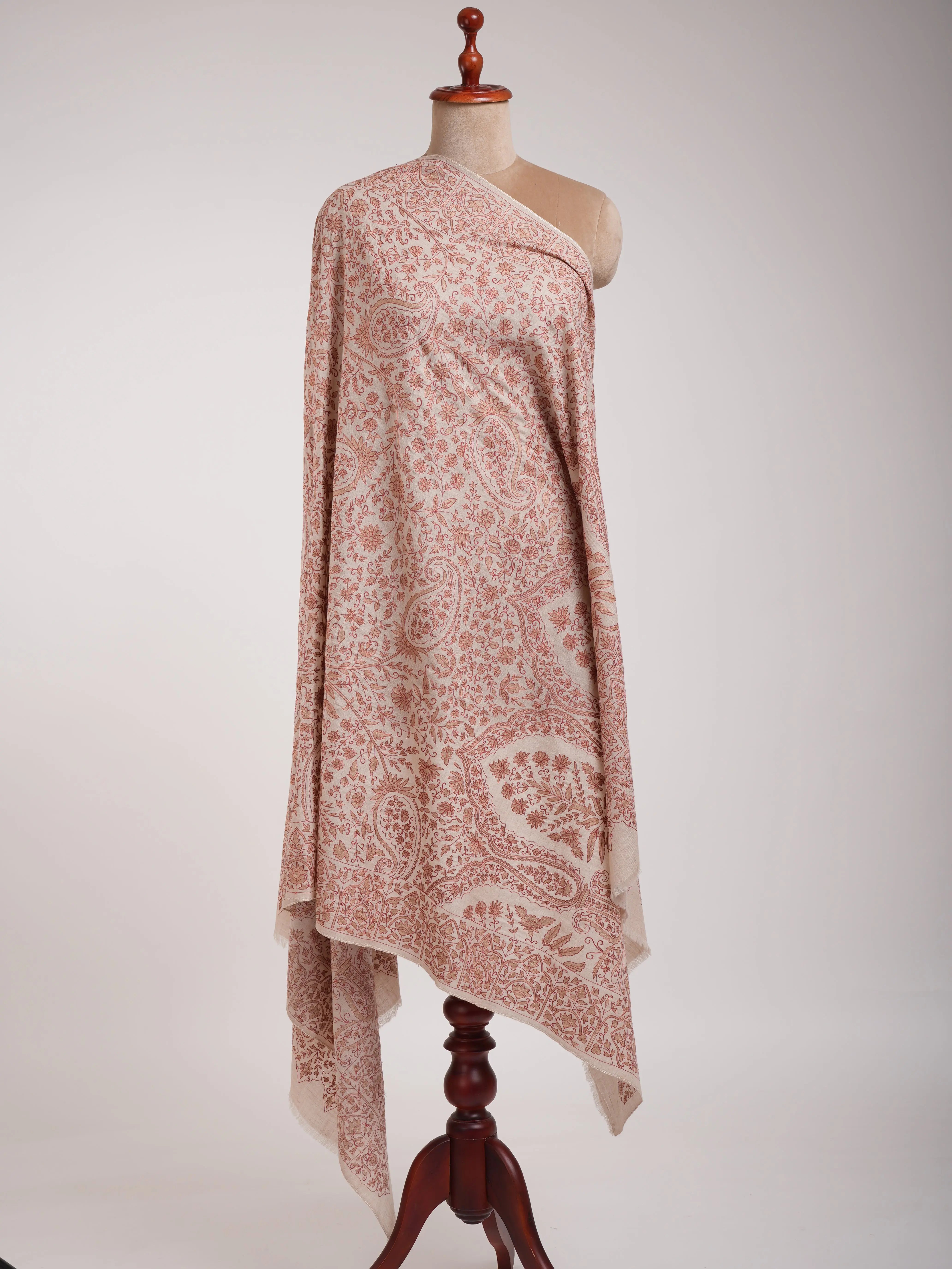 Ivory Indian Pashmina Wrap with Peach and Beige Embroidery Shahkaar