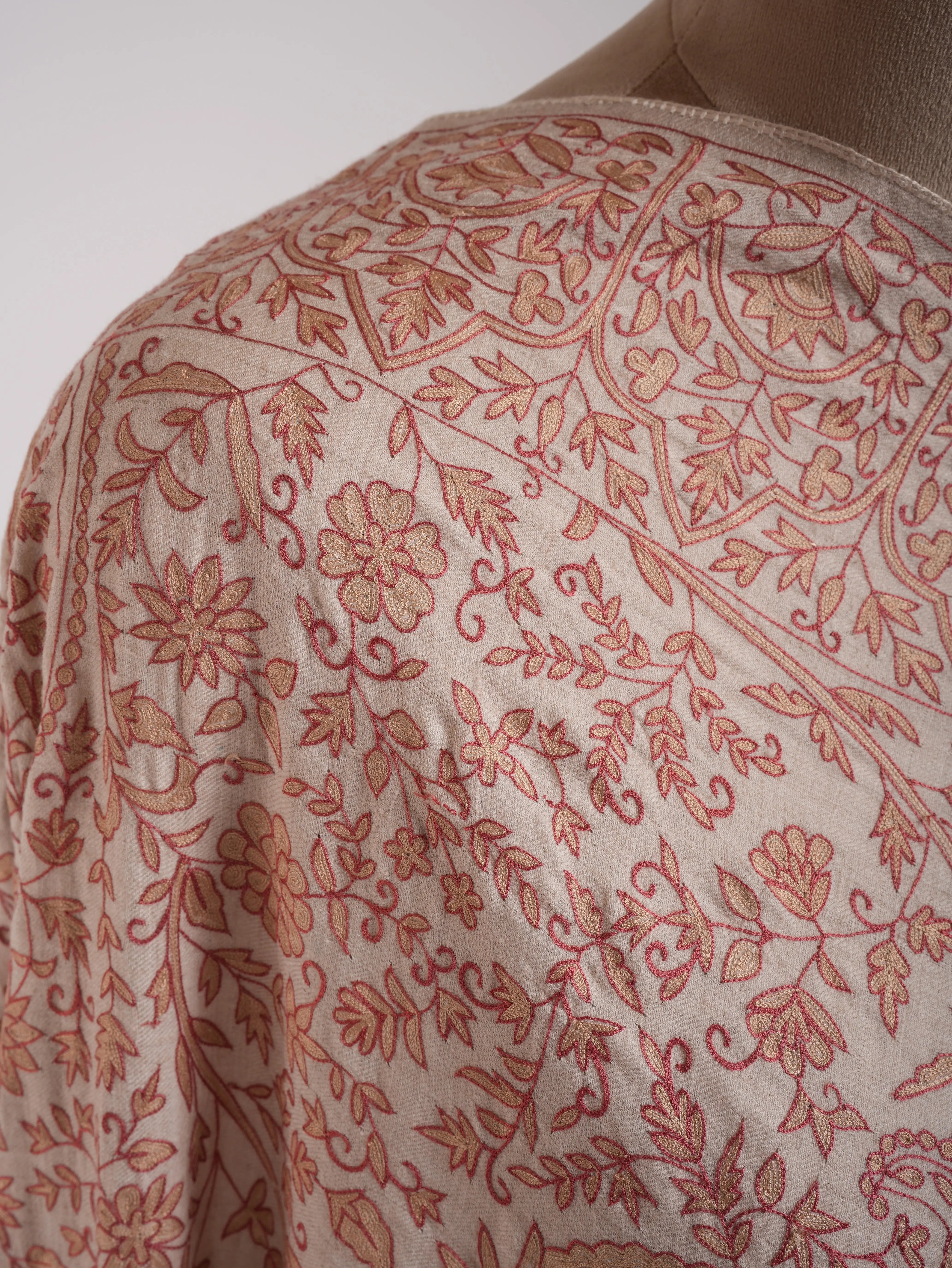 Ivory Indian Pashmina Wrap with Peach and Beige Embroidery Shahkaar