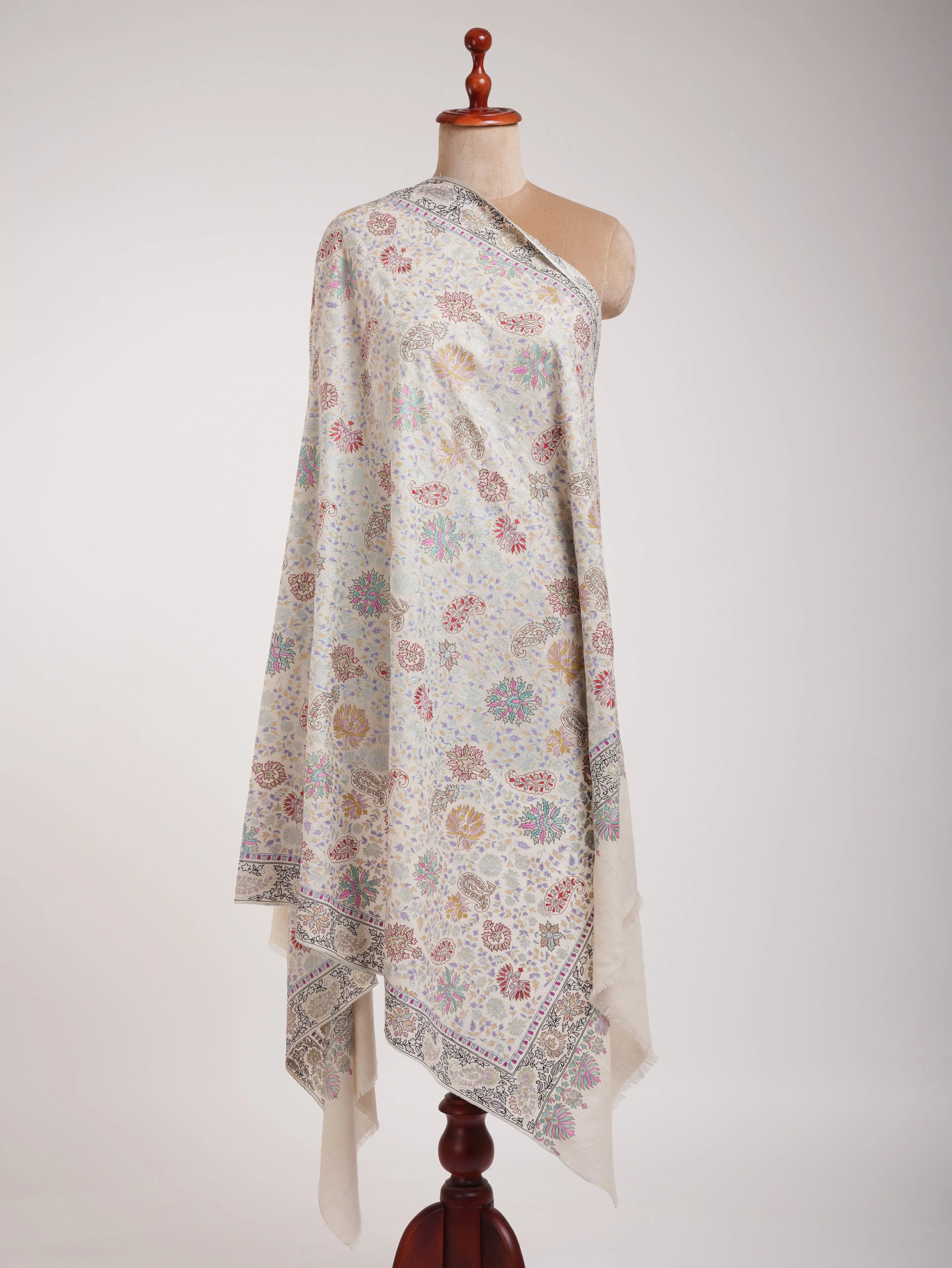 Ivory Original Indian Pashmina Wrap with Hand Embroidery Shahkaar