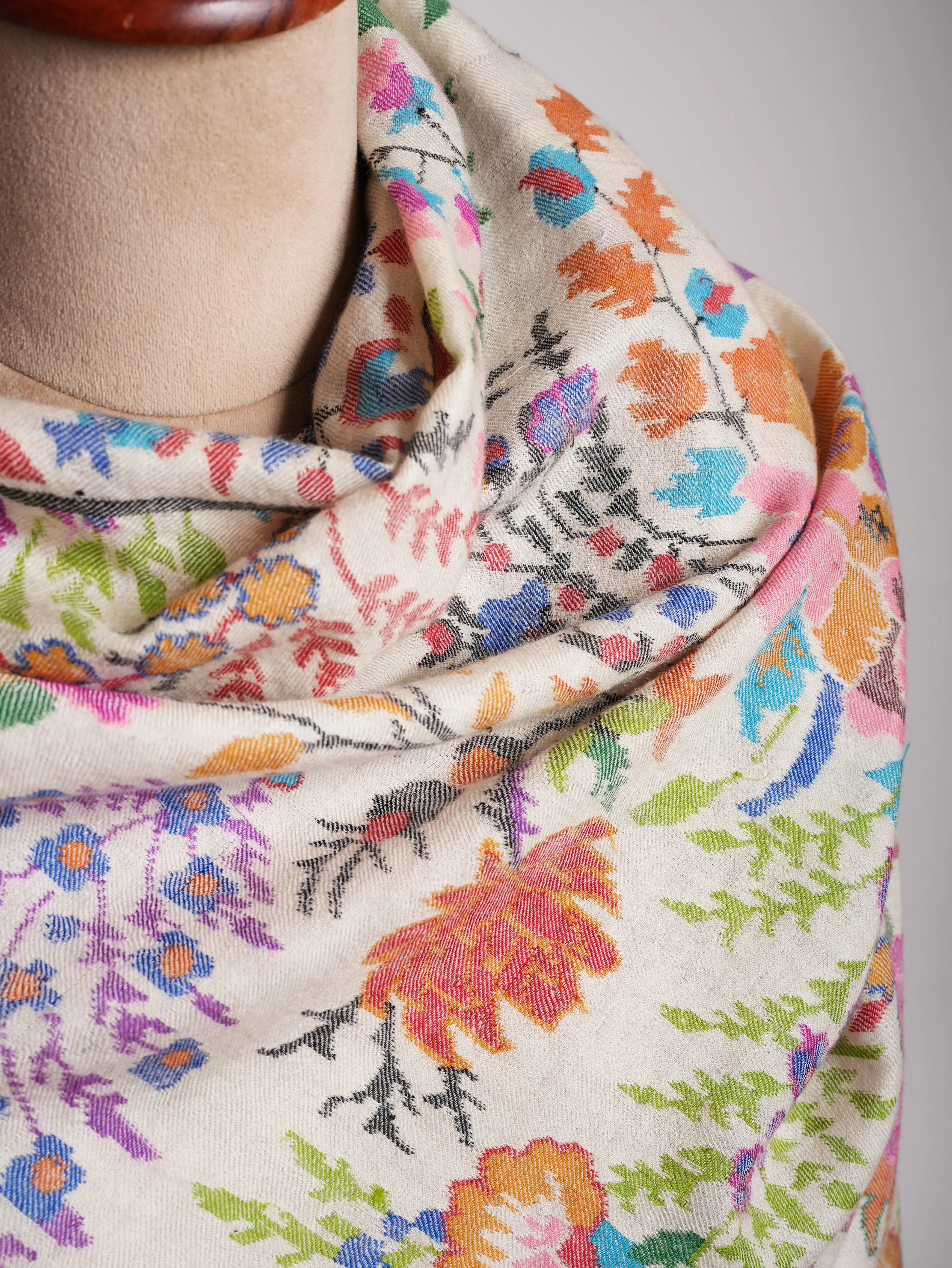 Ivory Oversized Handwoven Kani Shawl with Floral Motifs Shahkaar